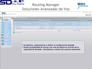 En destinos, empezaremos a definir la configuración deseada. Existe la posibilidad de activar una cola de espera en función de la capacidad de llamadas  simultáneas y número de usuarios esperando. Routing Manager Soluciones Avanzadas de Voz 