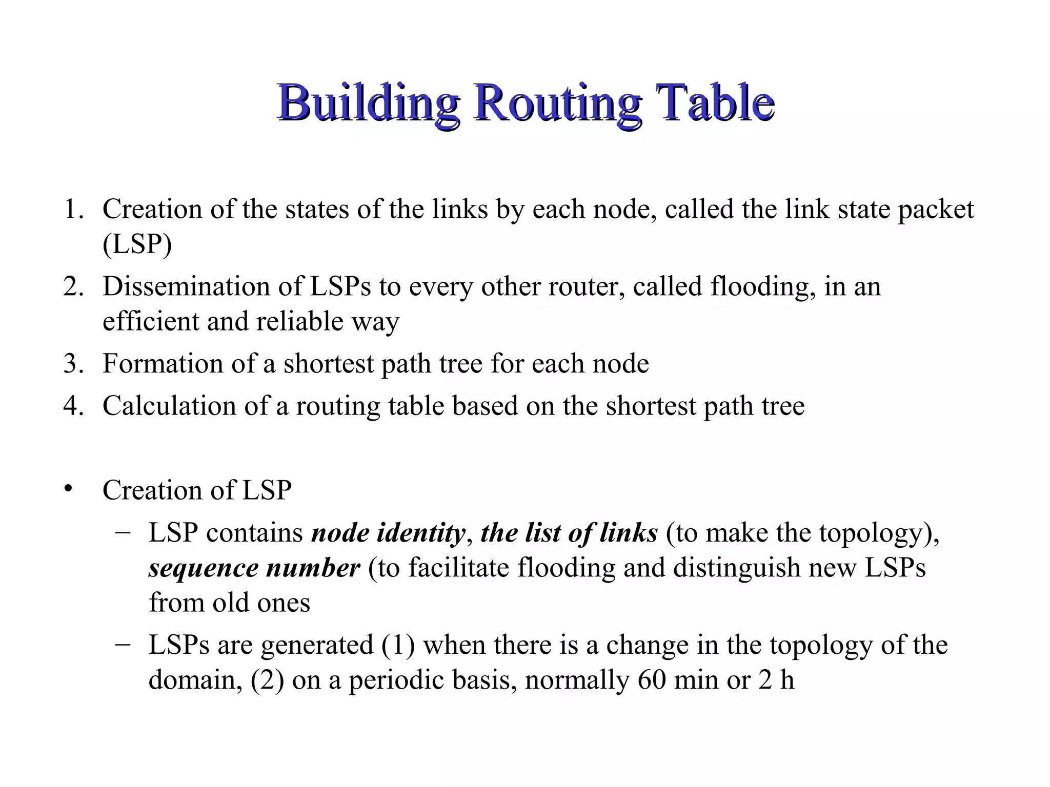 BBuuiillddiinngg RRoouuttiinngg TTaabbllee 
1. Creation of the states of the links by each node, called the link state packet 
(LSP) 
2. Dissemination of LSPs to every other router, called flooding, in an 
efficient and reliable way 
3. Formation of a shortest path tree for each node 
4. Calculation of a routing table based on the shortest path tree 
• Creation of LSP 
– LSP contains node identity, the list of links (to make the topology), 
sequence number (to facilitate flooding and distinguish new LSPs 
from old ones 
– LSPs are generated (1) when there is a change in the topology of the 
domain, (2) on a periodic basis, normally 60 min or 2 h 
 