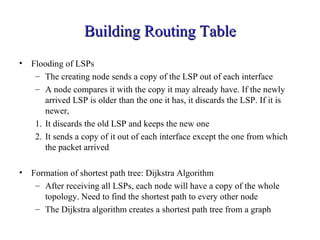 BBuuiillddiinngg RRoouuttiinngg TTaabbllee 
• Flooding of LSPs 
– The creating node sends a copy of the LSP out of each interface 
– A node compares it with the copy it may already have. If the newly 
arrived LSP is older than the one it has, it discards the LSP. If it is 
newer, 
1. It discards the old LSP and keeps the new one 
2. It sends a copy of it out of each interface except the one from which 
the packet arrived 
• Formation of shortest path tree: Dijkstra Algorithm 
– After receiving all LSPs, each node will have a copy of the whole 
topology. Need to find the shortest path to every other node 
– The Dijkstra algorithm creates a shortest path tree from a graph 
 