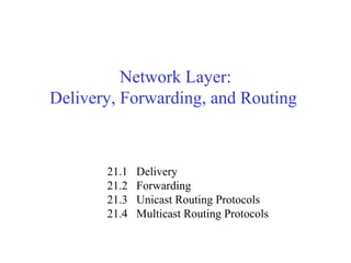 Network Layer: 
Delivery, Forwarding, and Routing 
21.1 Delivery 
21.2 Forwarding 
21.3 Unicast Routing Protocols 
21.4 Multicast Routing Protocols 
 