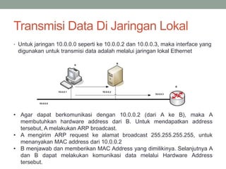 Transmisi Data Di Jaringan Lokal
• Untuk jaringan 10.0.0.0 seperti ke 10.0.0.2 dan 10.0.0.3, maka interface yang
digunakan untuk transmisi data adalah melalui jaringan lokal Ethernet
• Agar dapat berkomunikasi dengan 10.0.0.2 (dari A ke B), maka A
membutuhkan hardware address dari B. Untuk mendapatkan address
tersebut, A melakukan ARP broadcast.
• A mengirim ARP request ke alamat broadcast 255.255.255.255, untuk
menanyakan MAC address dari 10.0.0.2
• B menjawab dan memberikan MAC Address yang dimilikinya. Selanjutnya A
dan B dapat melakukan komunikasi data melalui Hardware Address
tersebut.
 