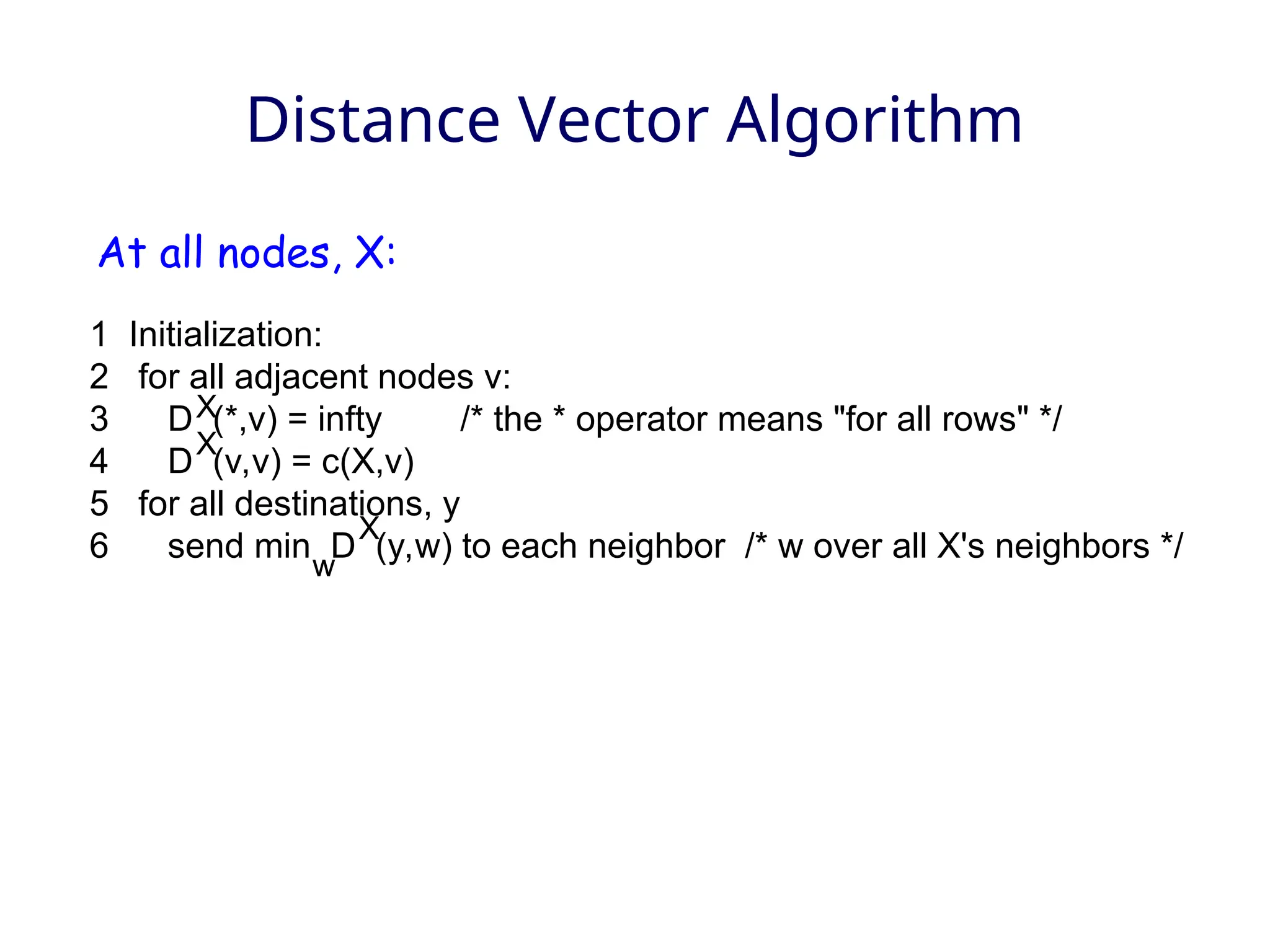 Distance Vector Algorithm
1 Initialization:
2 for all adjacent nodes v:
3 D (*,v) = infty /* the * operator means "for all rows" */
4 D (v,v) = c(X,v)
5 for all destinations, y
6 send min D (y,w) to each neighbor /* w over all X's neighbors */
X
X
X
w
At all nodes, X:
 