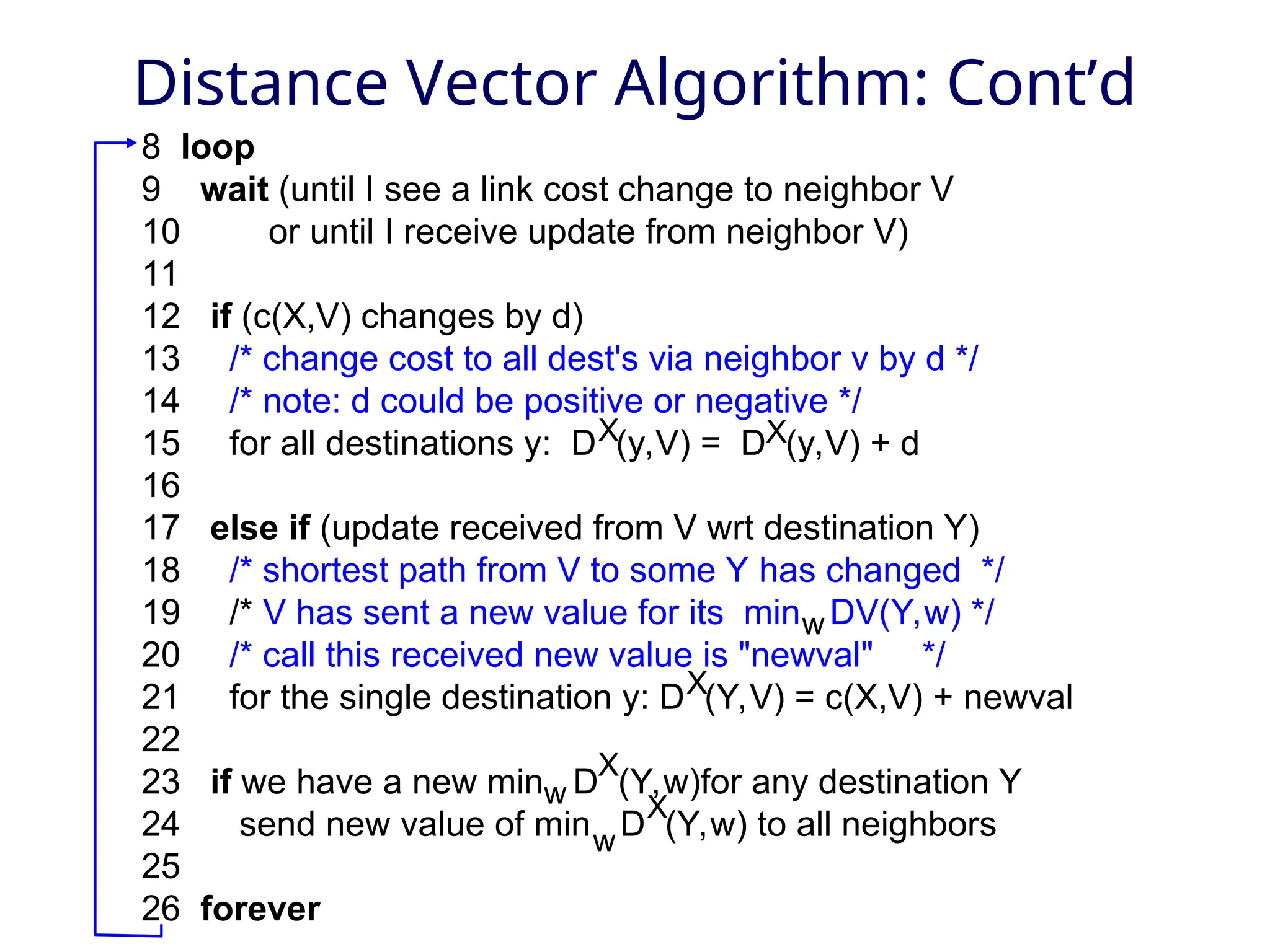 Distance Vector Algorithm: Cont’d
8 loop
9 wait (until I see a link cost change to neighbor V
10 or until I receive update from neighbor V)
11
12 if (c(X,V) changes by d)
13 /* change cost to all dest's via neighbor v by d */
14 /* note: d could be positive or negative */
15 for all destinations y: D (y,V) = D (y,V) + d
16
17 else if (update received from V wrt destination Y)
18 /* shortest path from V to some Y has changed */
19 /* V has sent a new value for its min DV(Y,w) */
20 /* call this received new value is "newval" */
21 for the single destination y: D (Y,V) = c(X,V) + newval
22
23 if we have a new min D (Y,w)for any destination Y
24 send new value of min D (Y,w) to all neighbors
25
26 forever
w
X
X
X
X
X
w
w
 