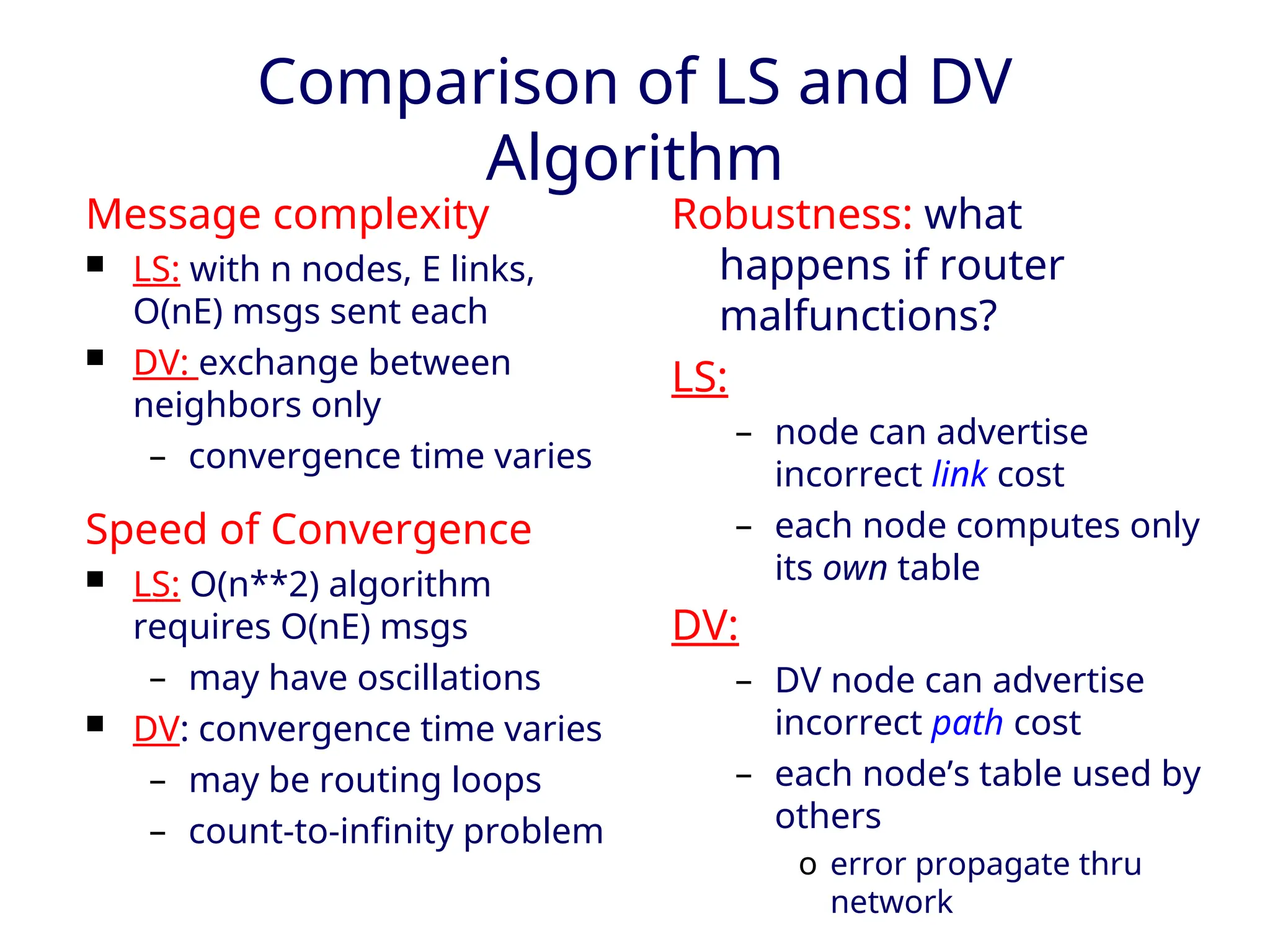 Comparison of LS and DV
Algorithm
Message complexity
 LS: with n nodes, E links,
O(nE) msgs sent each
 DV: exchange between
neighbors only
– convergence time varies
Speed of Convergence
 LS: O(n**2) algorithm
requires O(nE) msgs
– may have oscillations
 DV: convergence time varies
– may be routing loops
– count-to-infinity problem
Robustness: what
happens if router
malfunctions?
LS:
– node can advertise
incorrect link cost
– each node computes only
its own table
DV:
– DV node can advertise
incorrect path cost
– each node’s table used by
others
o error propagate thru
network
 