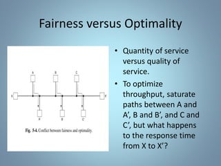 Fairness versus Optimality
• Quantity of service
versus quality of
service.
• To optimize
throughput, saturate
paths between A and
A’, B and B’, and C and
C’, but what happens
to the response time
from X to X’?
 