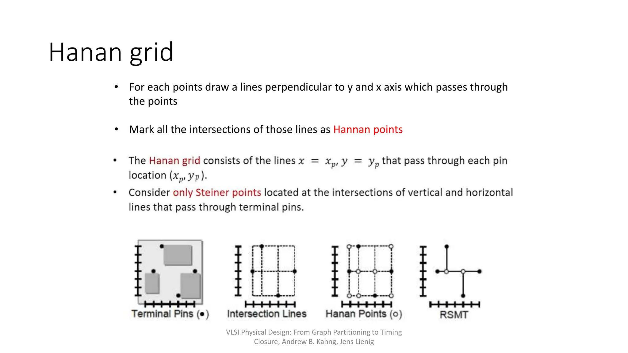 Hanan grid
VLSI Physical Design: From Graph Partitioning to Timing
Closure; Andrew B. Kahng, Jens Lienig
• For each points draw a lines perpendicular to y and x axis which passes through
the points
• Mark all the intersections of those lines as Hannan points
 