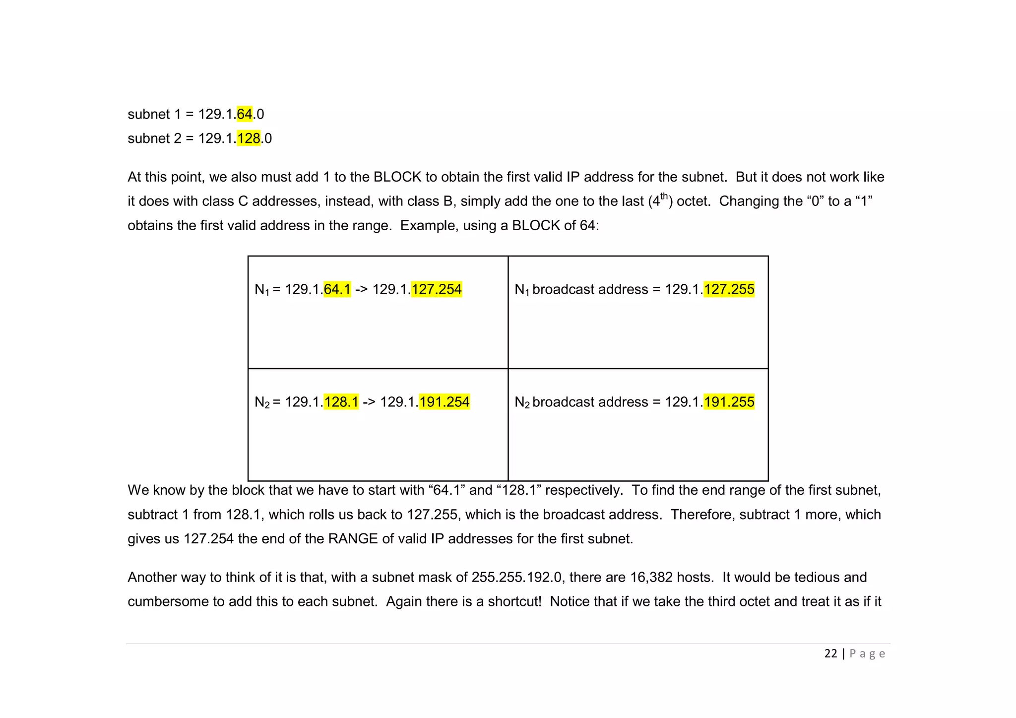 22 | P a g e
subnet 1 = 129.1.64.0
subnet 2 = 129.1.128.0
At this point, we also must add 1 to the BLOCK to obtain the first valid IP address for the subnet. But it does not work like
it does with class C addresses, instead, with class B, simply add the one to the last (4th
) octet. Changing the “0” to a “1”
obtains the first valid address in the range. Example, using a BLOCK of 64:
N1 = 129.1.64.1 -> 129.1.127.254 N1 broadcast address = 129.1.127.255
N2 = 129.1.128.1 -> 129.1.191.254 N2 broadcast address = 129.1.191.255
We know by the block that we have to start with “64.1” and “128.1” respectively. To find the end range of the first subnet,
subtract 1 from 128.1, which rolls us back to 127.255, which is the broadcast address. Therefore, subtract 1 more, which
gives us 127.254 the end of the RANGE of valid IP addresses for the first subnet.
Another way to think of it is that, with a subnet mask of 255.255.192.0, there are 16,382 hosts. It would be tedious and
cumbersome to add this to each subnet. Again there is a shortcut! Notice that if we take the third octet and treat it as if it
 