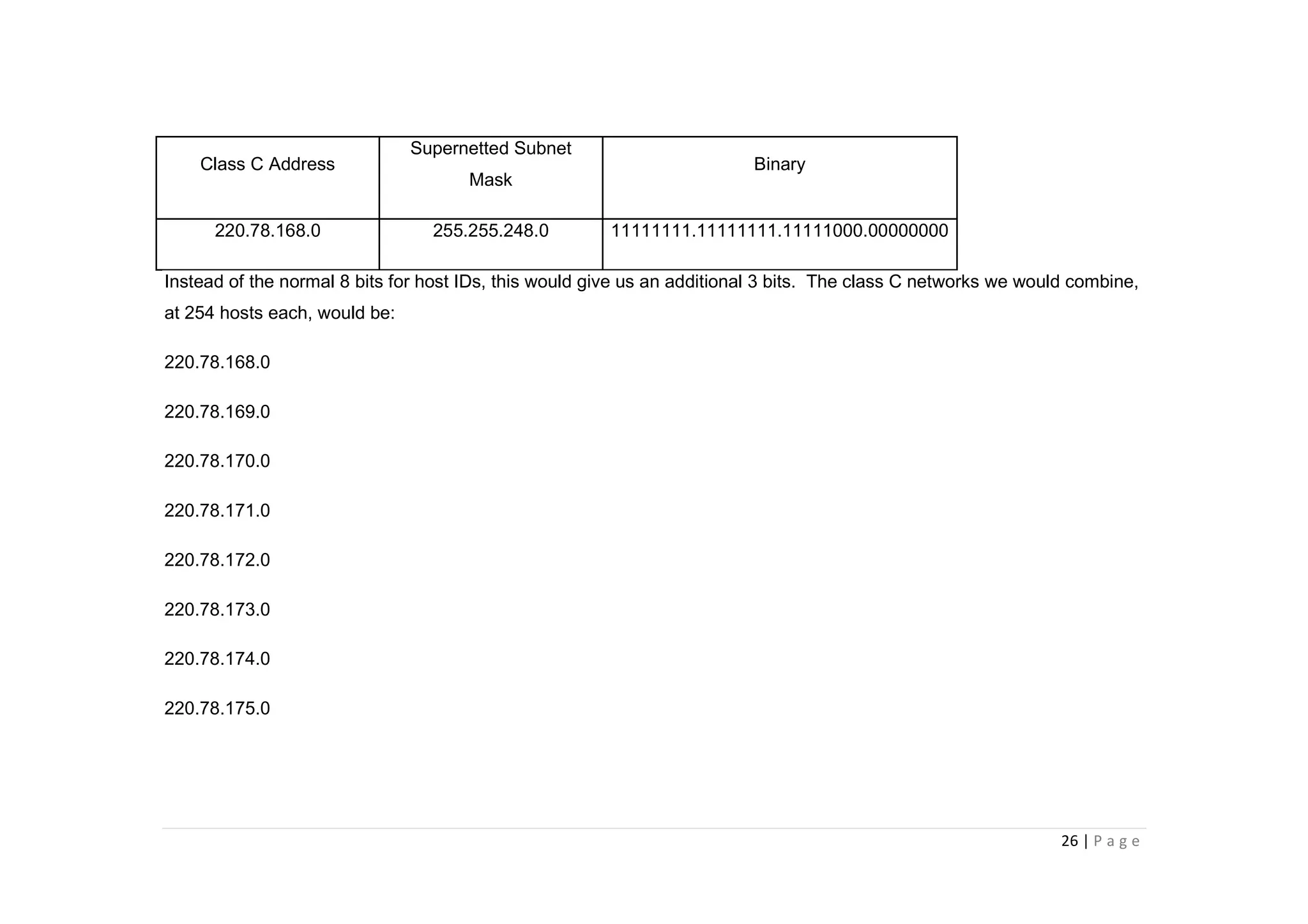 26 | P a g e
Class C Address
Supernetted Subnet
Mask
Binary
220.78.168.0 255.255.248.0 11111111.11111111.11111000.00000000
Instead of the normal 8 bits for host IDs, this would give us an additional 3 bits. The class C networks we would combine,
at 254 hosts each, would be:
220.78.168.0
220.78.169.0
220.78.170.0
220.78.171.0
220.78.172.0
220.78.173.0
220.78.174.0
220.78.175.0
 