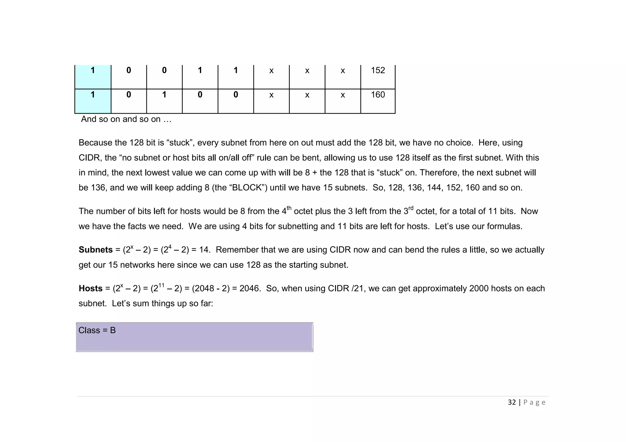 32 | P a g e
1 0 0 1 1 x x x 152
1 0 1 0 0 x x x 160
And so on and so on …
Because the 128 bit is “stuck”, every subnet from here on out must add the 128 bit, we have no choice. Here, using
CIDR, the “no subnet or host bits all on/all off” rule can be bent, allowing us to use 128 itself as the first subnet. With this
in mind, the next lowest value we can come up with will be 8 + the 128 that is “stuck” on. Therefore, the next subnet will
be 136, and we will keep adding 8 (the “BLOCK”) until we have 15 subnets. So, 128, 136, 144, 152, 160 and so on.
The number of bits left for hosts would be 8 from the 4th
octet plus the 3 left from the 3rd
octet, for a total of 11 bits. Now
we have the facts we need. We are using 4 bits for subnetting and 11 bits are left for hosts. Let’s use our formulas.
Subnets = (2x
– 2) = (24
– 2) = 14. Remember that we are using CIDR now and can bend the rules a little, so we actually
get our 15 networks here since we can use 128 as the starting subnet.
Hosts = (2x
– 2) = (211
– 2) = (2048 - 2) = 2046. So, when using CIDR /21, we can get approximately 2000 hosts on each
subnet. Let’s sum things up so far:
Class = B
 