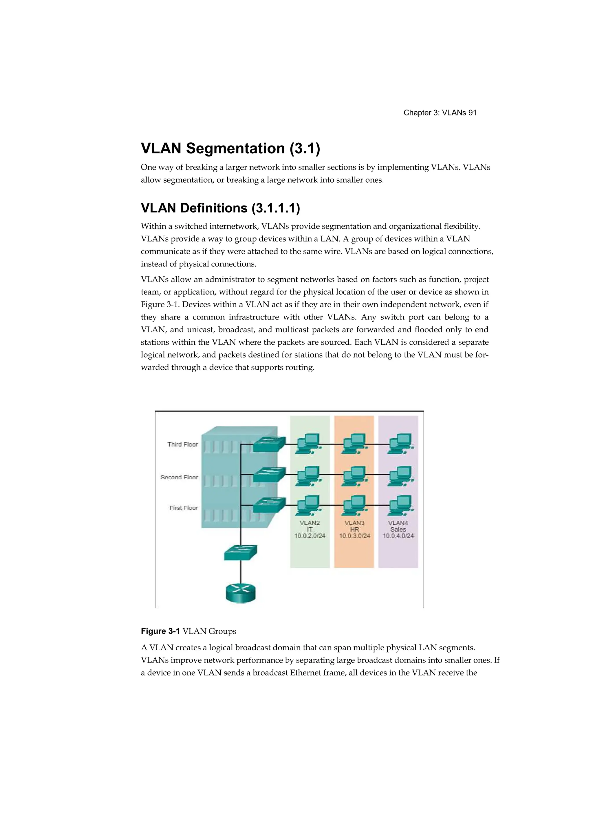 Chapter 3: VLANs 91
VLAN Segmentation (3.1)
One way of breaking a larger network into smaller sections is by implementing VLANs. VLANs
allow segmentation, or breaking a large network into smaller ones.
VLAN Definitions (3.1.1.1)
Within a switched internetwork, VLANs provide segmentation and organizational flexibility.
VLANs provide a way to group devices within a LAN. A group of devices within a VLAN
communicate as if they were attached to the same wire. VLANs are based on logical connections,
instead of physical connections.
VLANs allow an administrator to segment networks based on factors such as function, project
team, or application, without regard for the physical location of the user or device as shown in
Figure 3-1. Devices within a VLAN act as if they are in their own independent network, even if
they share a common infrastructure with other VLANs. Any switch port can belong to a
VLAN, and unicast, broadcast, and multicast packets are forwarded and flooded only to end
stations within the VLAN where the packets are sourced. Each VLAN is considered a separate
logical network, and packets destined for stations that do not belong to the VLAN must be for-
warded through a device that supports routing.
Figure 3-1 VLAN Groups
A VLAN creates a logical broadcast domain that can span multiple physical LAN segments.
VLANs improve network performance by separating large broadcast domains into smaller ones. If
a device in one VLAN sends a broadcast Ethernet frame, all devices in the VLAN receive the
 