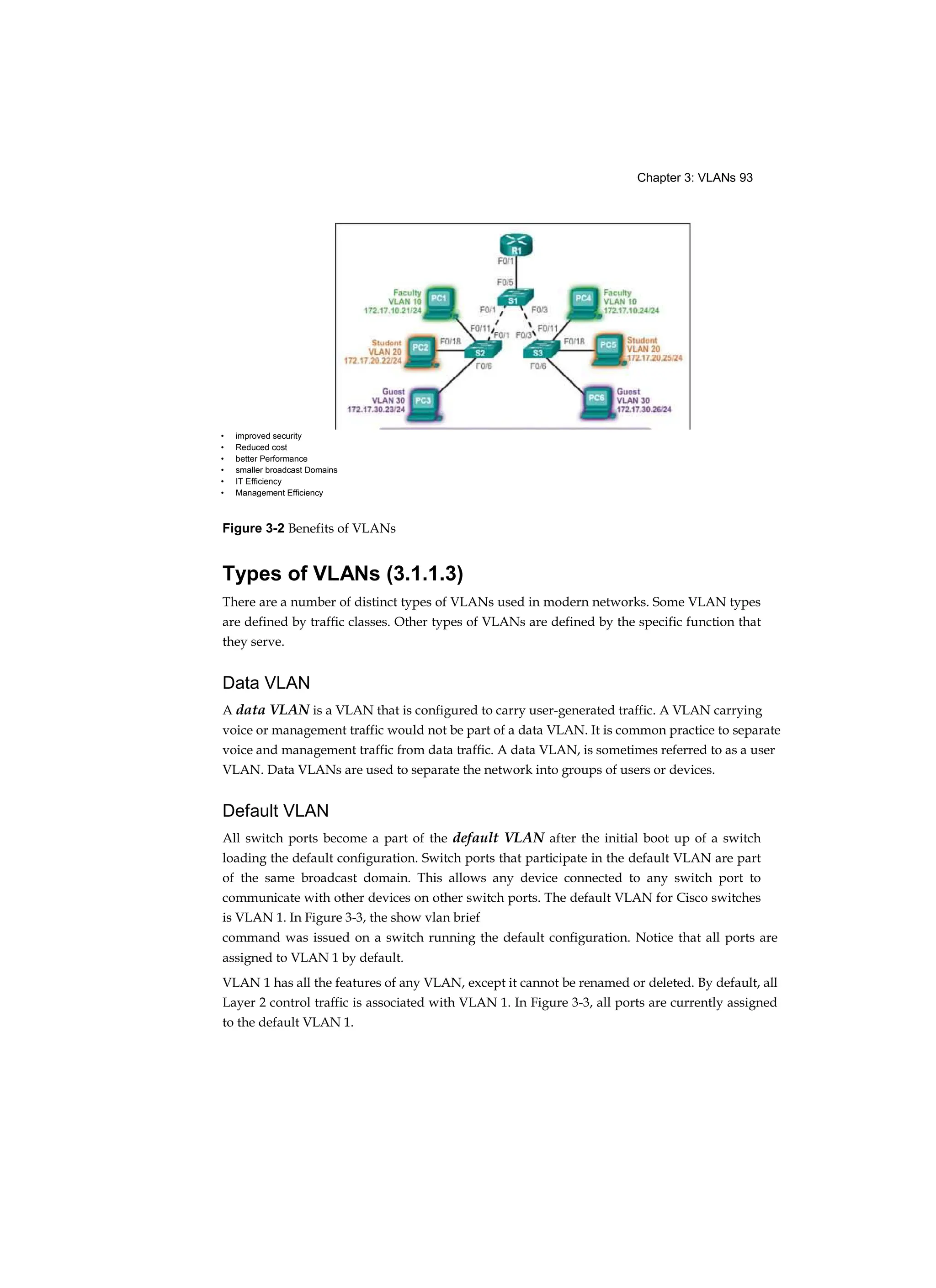 Chapter 3: VLANs 93
Figure 3-2 Benefits of VLANs
Types of VLANs (3.1.1.3)
There are a number of distinct types of VLANs used in modern networks. Some VLAN types
are defined by traffic classes. Other types of VLANs are defined by the specific function that
they serve.
Data VLAN
A data VLAN is a VLAN that is configured to carry user-generated traffic. A VLAN carrying
voice or management traffic would not be part of a data VLAN. It is common practice to separate
voice and management traffic from data traffic. A data VLAN, is sometimes referred to as a user
VLAN. Data VLANs are used to separate the network into groups of users or devices.
Default VLAN
All switch ports become a part of the default VLAN after the initial boot up of a switch
loading the default configuration. Switch ports that participate in the default VLAN are part
of the same broadcast domain. This allows any device connected to any switch port to
communicate with other devices on other switch ports. The default VLAN for Cisco switches
is VLAN 1. In Figure 3-3, the show vlan brief
command was issued on a switch running the default configuration. Notice that all ports are
assigned to VLAN 1 by default.
VLAN 1 has all the features of any VLAN, except it cannot be renamed or deleted. By default, all
Layer 2 control traffic is associated with VLAN 1. In Figure 3-3, all ports are currently assigned
to the default VLAN 1.
• improved security
• Reduced cost
• better Performance
• smaller broadcast Domains
• IT Efficiency
• Management Efficiency
 