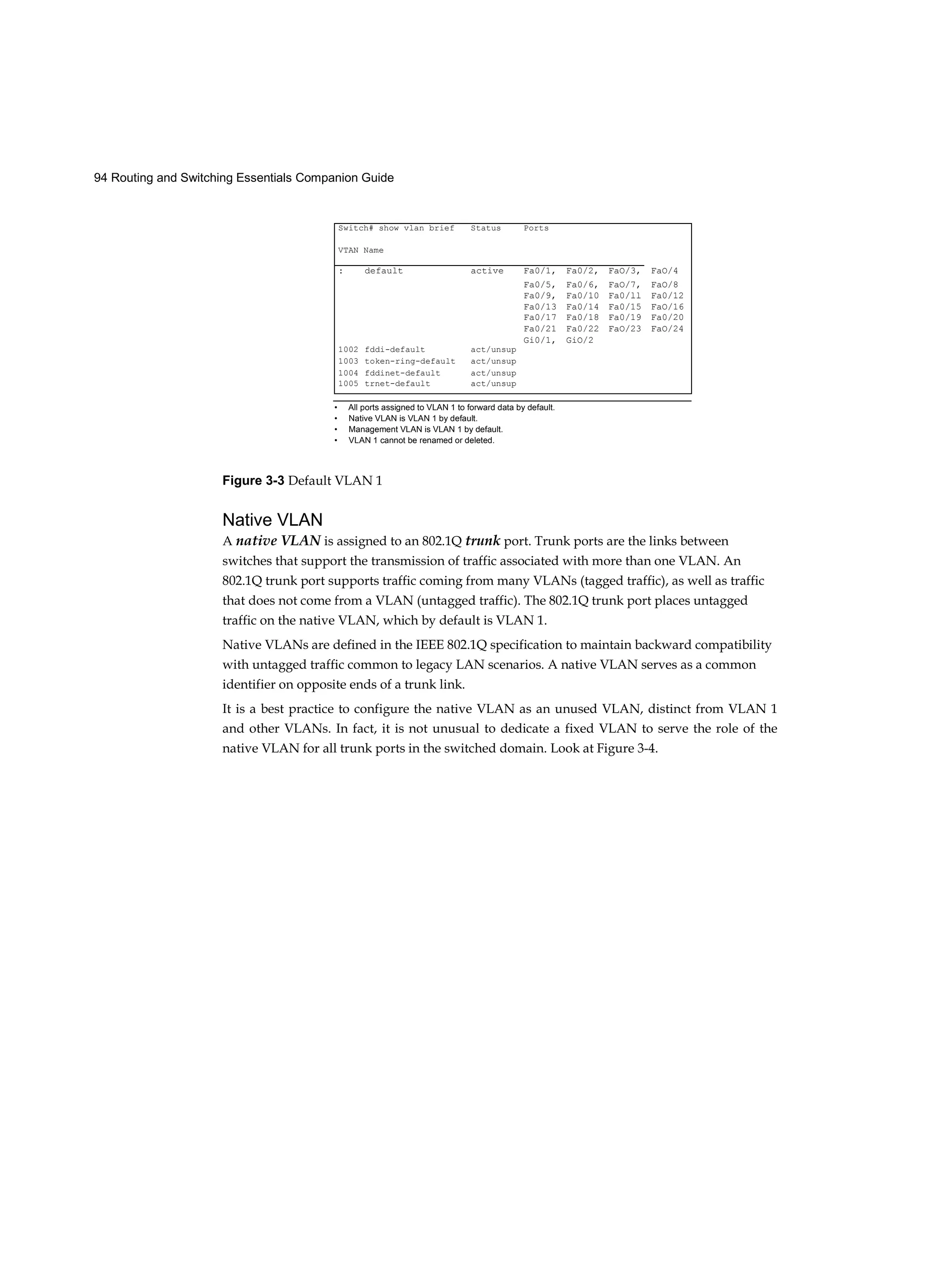 94 Routing and Switching Essentials Companion Guide
Figure 3-3 Default VLAN 1
Native VLAN
A native VLAN is assigned to an 802.1Q trunk port. Trunk ports are the links between
switches that support the transmission of traffic associated with more than one VLAN. An
802.1Q trunk port supports traffic coming from many VLANs (tagged traffic), as well as traffic
that does not come from a VLAN (untagged traffic). The 802.1Q trunk port places untagged
traffic on the native VLAN, which by default is VLAN 1.
Native VLANs are defined in the IEEE 802.1Q specification to maintain backward compatibility
with untagged traffic common to legacy LAN scenarios. A native VLAN serves as a common
identifier on opposite ends of a trunk link.
It is a best practice to configure the native VLAN as an unused VLAN, distinct from VLAN 1
and other VLANs. In fact, it is not unusual to dedicate a fixed VLAN to serve the role of the
native VLAN for all trunk ports in the switched domain. Look at Figure 3-4.
Switch# show vlan brief
VTAN Name
Status Ports
: default active Fa0/1, Fa0/2, FaO/3, FaO/4
Fa0/5, Fa0/6, FaO/7, FaO/8
Fa0/9, Fa0/10
,
Fa0/ll
,
Fa0/12
Fa0/13
,
Fa0/14
,
Fa0/15 FaO/16
Fa0/17
,
Fa0/18
,
Fa0/19
,
Fa0/20
Fa0/21
,
Fa0/22
,
FaO/23
,
FaO/24
Gi0/1, GiO/2
1002 fddi-default act/unsup
1003 token-ring-default act/unsup
1004 fddinet-default act/unsup
1005 trnet-default act/unsup
• All ports assigned to VLAN 1 to forward data by default.
• Native VLAN is VLAN 1 by default.
• Management VLAN is VLAN 1 by default.
• VLAN 1 cannot be renamed or deleted.
 
