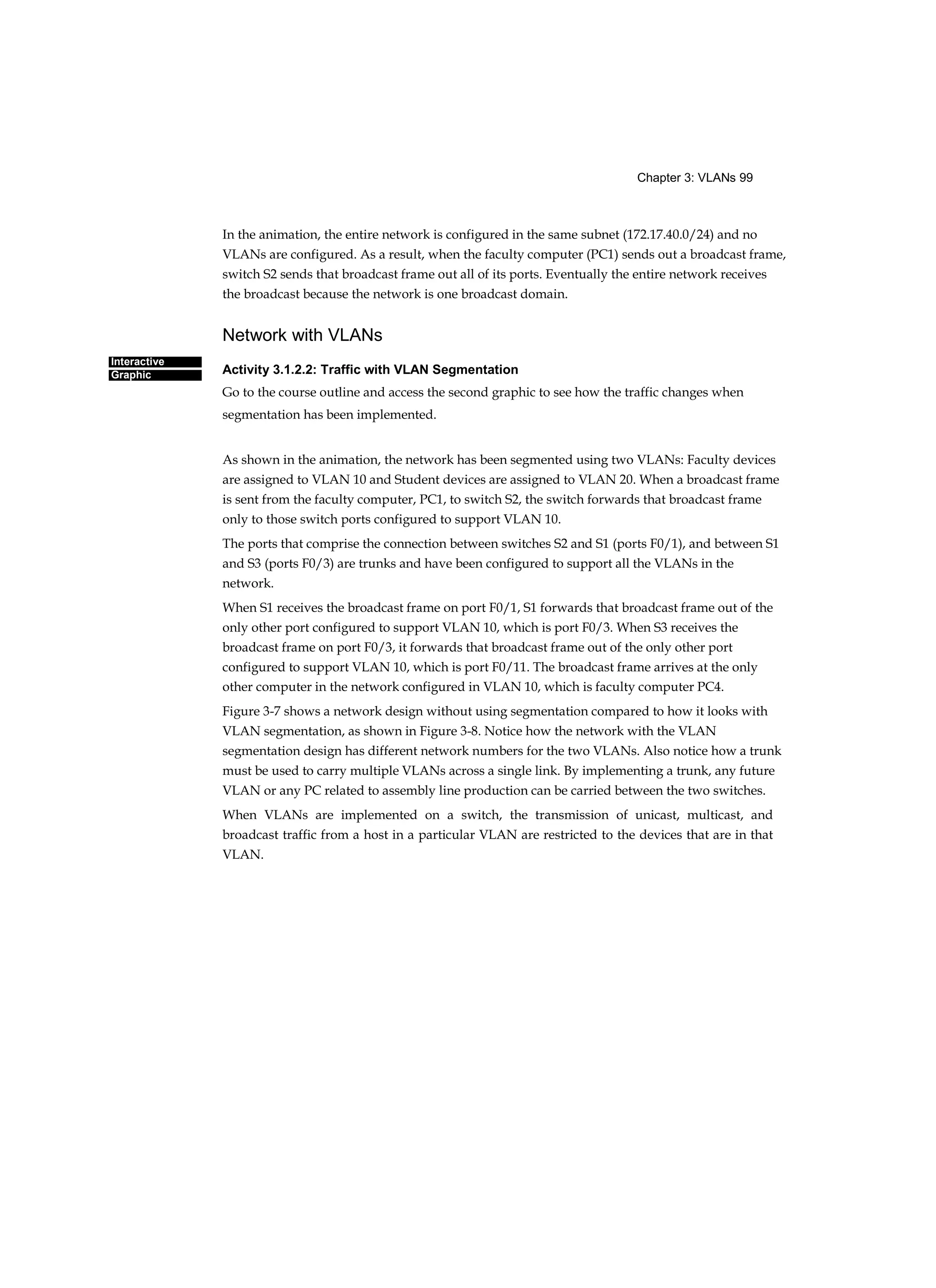 Chapter 3: VLANs 99
Interactive
Graphic
In the animation, the entire network is configured in the same subnet (172.17.40.0/24) and no
VLANs are configured. As a result, when the faculty computer (PC1) sends out a broadcast frame,
switch S2 sends that broadcast frame out all of its ports. Eventually the entire network receives
the broadcast because the network is one broadcast domain.
Network with VLANs
Activity 3.1.2.2: Traffic with VLAN Segmentation
Go to the course outline and access the second graphic to see how the traffic changes when
segmentation has been implemented.
As shown in the animation, the network has been segmented using two VLANs: Faculty devices
are assigned to VLAN 10 and Student devices are assigned to VLAN 20. When a broadcast frame
is sent from the faculty computer, PC1, to switch S2, the switch forwards that broadcast frame
only to those switch ports configured to support VLAN 10.
The ports that comprise the connection between switches S2 and S1 (ports F0/1), and between S1
and S3 (ports F0/3) are trunks and have been configured to support all the VLANs in the
network.
When S1 receives the broadcast frame on port F0/1, S1 forwards that broadcast frame out of the
only other port configured to support VLAN 10, which is port F0/3. When S3 receives the
broadcast frame on port F0/3, it forwards that broadcast frame out of the only other port
configured to support VLAN 10, which is port F0/11. The broadcast frame arrives at the only
other computer in the network configured in VLAN 10, which is faculty computer PC4.
Figure 3-7 shows a network design without using segmentation compared to how it looks with
VLAN segmentation, as shown in Figure 3-8. Notice how the network with the VLAN
segmentation design has different network numbers for the two VLANs. Also notice how a trunk
must be used to carry multiple VLANs across a single link. By implementing a trunk, any future
VLAN or any PC related to assembly line production can be carried between the two switches.
When VLANs are implemented on a switch, the transmission of unicast, multicast, and
broadcast traffic from a host in a particular VLAN are restricted to the devices that are in that
VLAN.
 