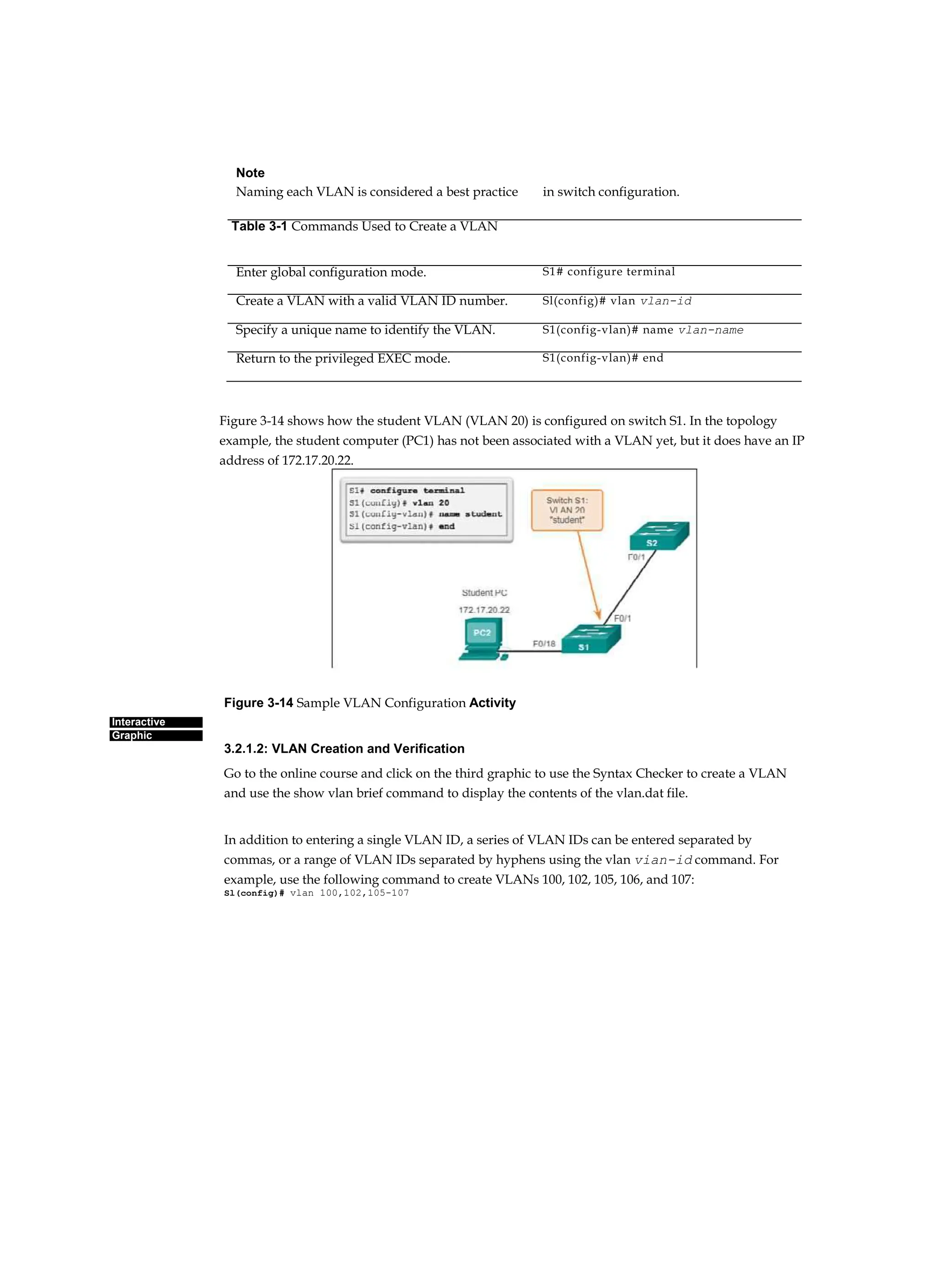 Chapter 3: VLANs 107
Interactive
Graphic
Figure 3-14 Sample VLAN Configuration Activity
3.2.1.2: VLAN Creation and Verification
Go to the online course and click on the third graphic to use the Syntax Checker to create a VLAN
and use the show vlan brief command to display the contents of the vlan.dat file.
In addition to entering a single VLAN ID, a series of VLAN IDs can be entered separated by
commas, or a range of VLAN IDs separated by hyphens using the vlan vian-id command. For
example, use the following command to create VLANs 100, 102, 105, 106, and 107:
Sl(config)# vlan 100,102,105-107
Note
Naming each VLAN is considered a best practice in switch configuration.
Table 3-1 Commands Used to Create a VLAN
Enter global configuration mode. S1# configure terminal
Create a VLAN with a valid VLAN ID number. Sl(config)# vlan vlan-id
Specify a unique name to identify the VLAN. S1(config-vlan)# name vlan-name
Return to the privileged EXEC mode. S1(config-vlan)# end
Figure 3-14 shows how the student VLAN (VLAN 20) is configured on switch S1. In the topology
example, the student computer (PC1) has not been associated with a VLAN yet, but it does have an IP
address of 172.17.20.22.
 