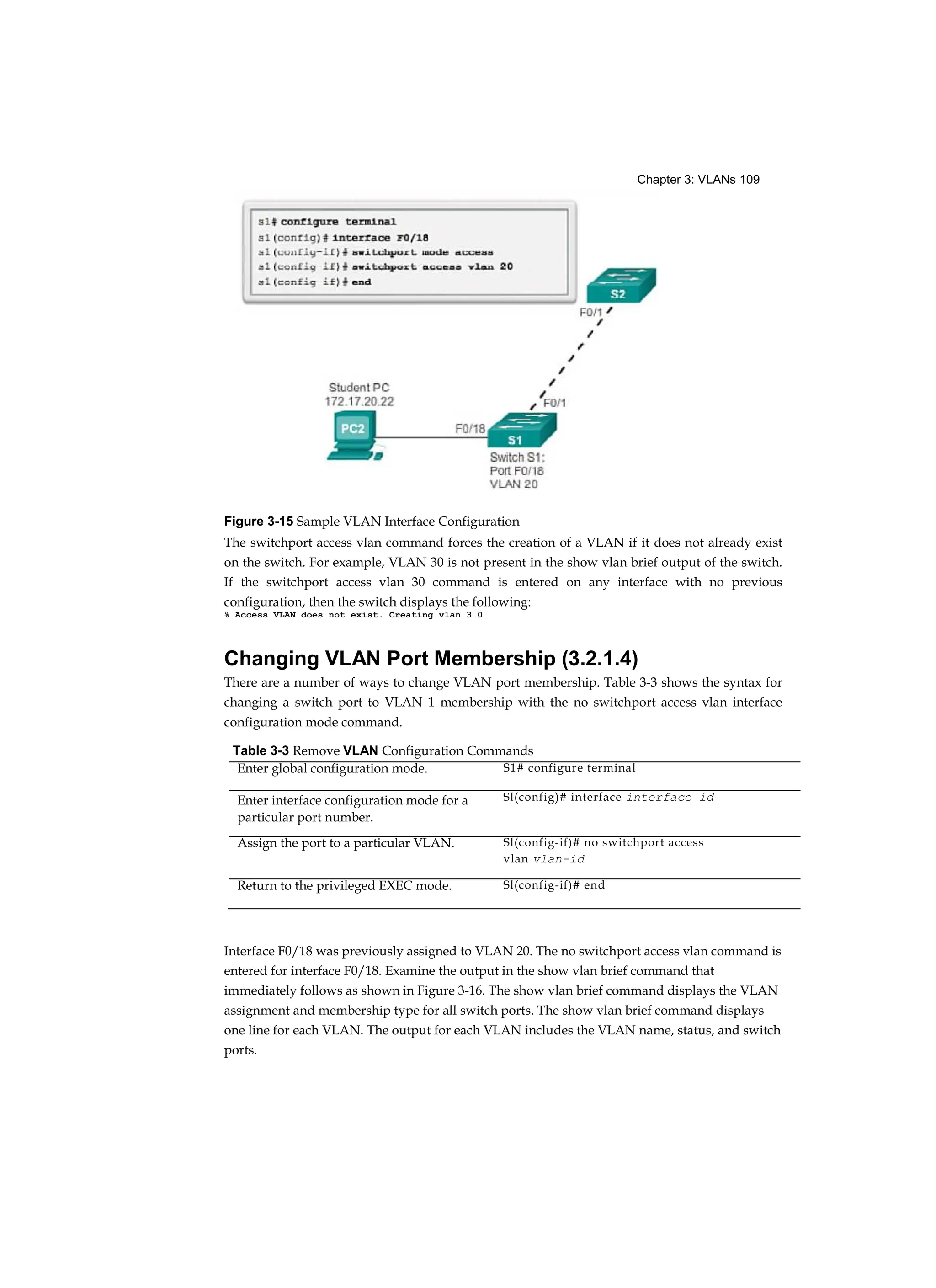 Chapter 3: VLANs 109
Figure 3-15 Sample VLAN Interface Configuration
The switchport access vlan command forces the creation of a VLAN if it does not already exist
on the switch. For example, VLAN 30 is not present in the show vlan brief output of the switch.
If the switchport access vlan 30 command is entered on any interface with no previous
configuration, then the switch displays the following:
% Access VLAN does not exist. Creating vlan 3 0
Changing VLAN Port Membership (3.2.1.4)
There are a number of ways to change VLAN port membership. Table 3-3 shows the syntax for
changing a switch port to VLAN 1 membership with the no switchport access vlan interface
configuration mode command.
Interface F0/18 was previously assigned to VLAN 20. The no switchport access vlan command is
entered for interface F0/18. Examine the output in the show vlan brief command that
immediately follows as shown in Figure 3-16. The show vlan brief command displays the VLAN
assignment and membership type for all switch ports. The show vlan brief command displays
one line for each VLAN. The output for each VLAN includes the VLAN name, status, and switch
ports.
Table 3-3 Remove VLAN Configuration Commands
Enter global configuration mode. S1# configure terminal
Enter interface configuration mode for a
particular port number.
Sl(config)# interface interface id
Assign the port to a particular VLAN. Sl(config-if)# no switchport access
vlan vlan-id
Return to the privileged EXEC mode. Sl(config-if)# end
 