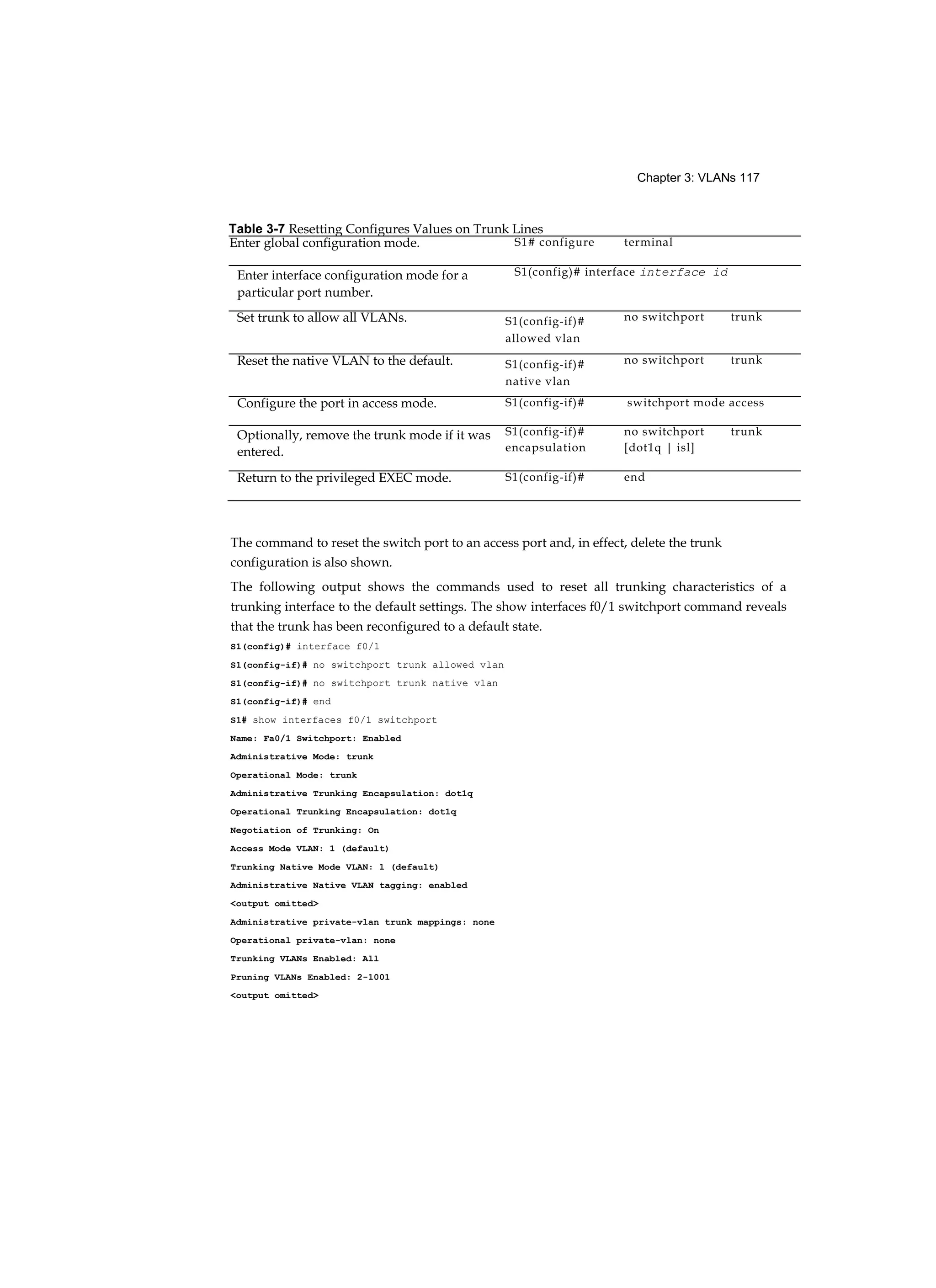 Chapter 3: VLANs 117
The command to reset the switch port to an access port and, in effect, delete the trunk
configuration is also shown.
The following output shows the commands used to reset all trunking characteristics of a
trunking interface to the default settings. The show interfaces f0/1 switchport command reveals
that the trunk has been reconfigured to a default state.
S1(config)# interface f0/1
S1(config-if)# no switchport trunk allowed vlan
S1(config-if)# no switchport trunk native vlan
S1(config-if)# end
S1# show interfaces f0/1 switchport
Name: Fa0/1 Switchport: Enabled
Administrative Mode: trunk
Operational Mode: trunk
Administrative Trunking Encapsulation: dot1q
Operational Trunking Encapsulation: dot1q
Negotiation of Trunking: On
Access Mode VLAN: 1 (default)
Trunking Native Mode VLAN: 1 (default)
Administrative Native VLAN tagging: enabled
<output omitted>
Administrative private-vlan trunk mappings: none
Operational private-vlan: none
Trunking VLANs Enabled: All
Pruning VLANs Enabled: 2-1001
<output omitted>
Table 3-7 Resetting Configures Values on Trunk Lines
Enter global configuration mode. S1# configure terminal
Enter interface configuration mode for a
particular port number.
S1(config)# interface interface id
Set trunk to allow all VLANs. S1(config-if)#
allowed vlan
no switchport trunk
Reset the native VLAN to the default. S1(config-if)#
native vlan
no switchport trunk
Configure the port in access mode. S1(config-if)# switchport mode access
Optionally, remove the trunk mode if it was
entered.
S1(config-if)#
encapsulation
no switchport
[dot1q | isl]
trunk
Return to the privileged EXEC mode. S1(config-if)# end
 