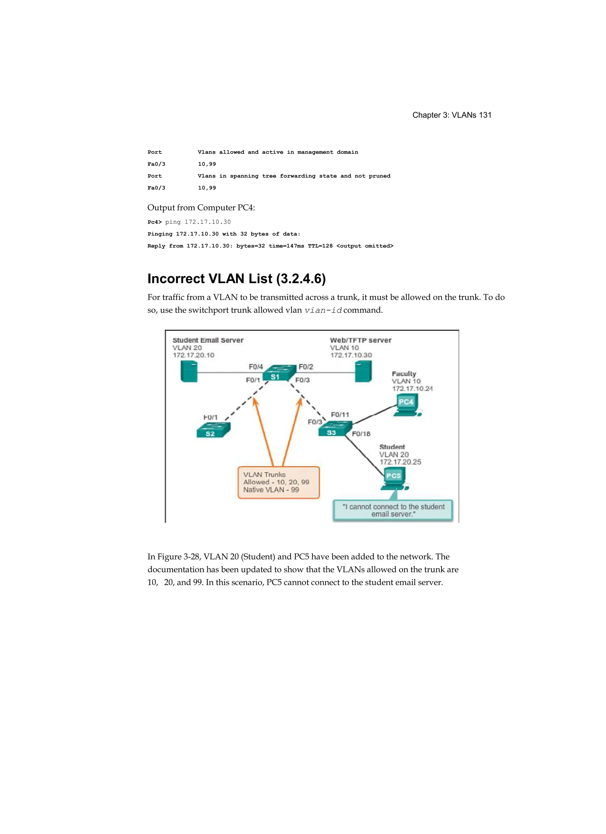 Chapter 3: VLANs 131
Port Vlans allowed and active in management domain
Fa0/3 10,99
Port Vlans in spanning tree forwarding state and not pruned
Fa0/3 10,99
Output from Computer PC4:
Pc4> ping 172.17.10.30
Pinging 172.17.10.30 with 32 bytes of data:
Reply from 172.17.10.30: bytes=32 time=147ms TTL=128 <output omitted>
Incorrect VLAN List (3.2.4.6)
For traffic from a VLAN to be transmitted across a trunk, it must be allowed on the trunk. To do
so, use the switchport trunk allowed vlan vian-id command.
In Figure 3-28, VLAN 20 (Student) and PC5 have been added to the network. The
documentation has been updated to show that the VLANs allowed on the trunk are
10, 20, and 99. In this scenario, PC5 cannot connect to the student email server.
 