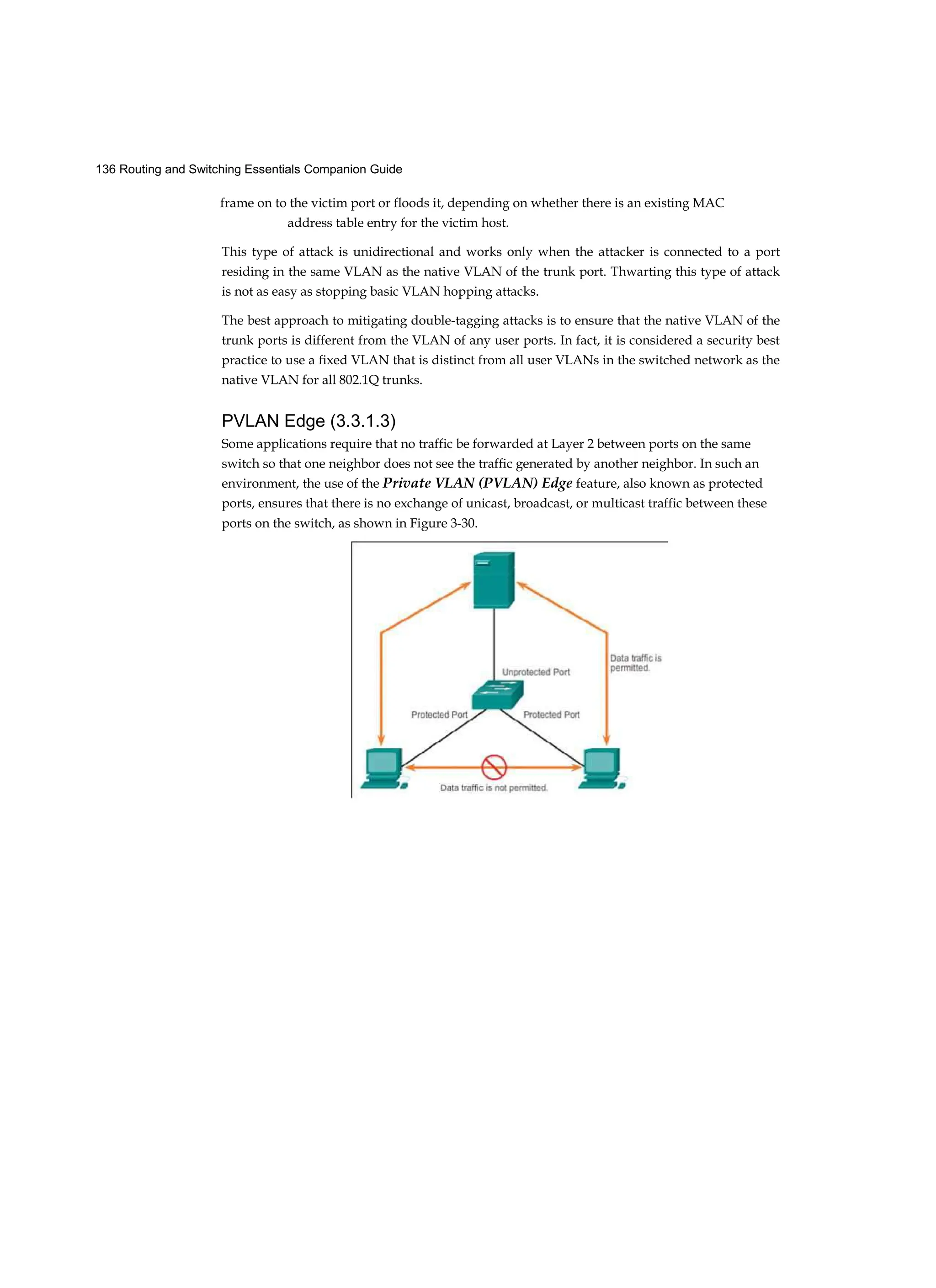 136 Routing and Switching Essentials Companion Guide
frame on to the victim port or floods it, depending on whether there is an existing MAC
address table entry for the victim host.
This type of attack is unidirectional and works only when the attacker is connected to a port
residing in the same VLAN as the native VLAN of the trunk port. Thwarting this type of attack
is not as easy as stopping basic VLAN hopping attacks.
The best approach to mitigating double-tagging attacks is to ensure that the native VLAN of the
trunk ports is different from the VLAN of any user ports. In fact, it is considered a security best
practice to use a fixed VLAN that is distinct from all user VLANs in the switched network as the
native VLAN for all 802.1Q trunks.
PVLAN Edge (3.3.1.3)
Some applications require that no traffic be forwarded at Layer 2 between ports on the same
switch so that one neighbor does not see the traffic generated by another neighbor. In such an
environment, the use of the Private VLAN (PVLAN) Edge feature, also known as protected
ports, ensures that there is no exchange of unicast, broadcast, or multicast traffic between these
ports on the switch, as shown in Figure 3-30.
 