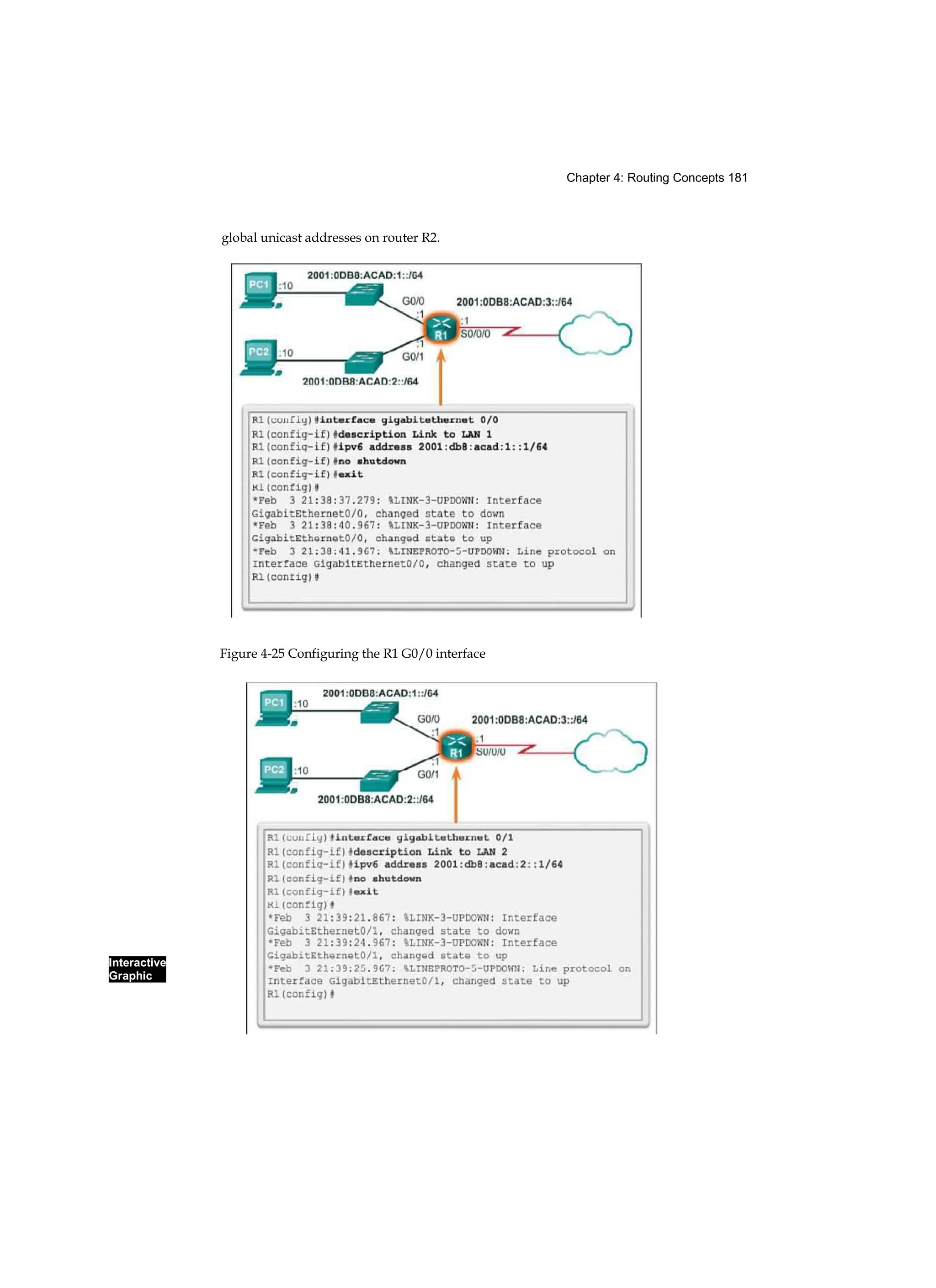 Chapter 4: Routing Concepts 181
Interactive
Graphic
global unicast addresses on router R2.
Figure 4-25 Configuring the R1 G0/0 interface
 