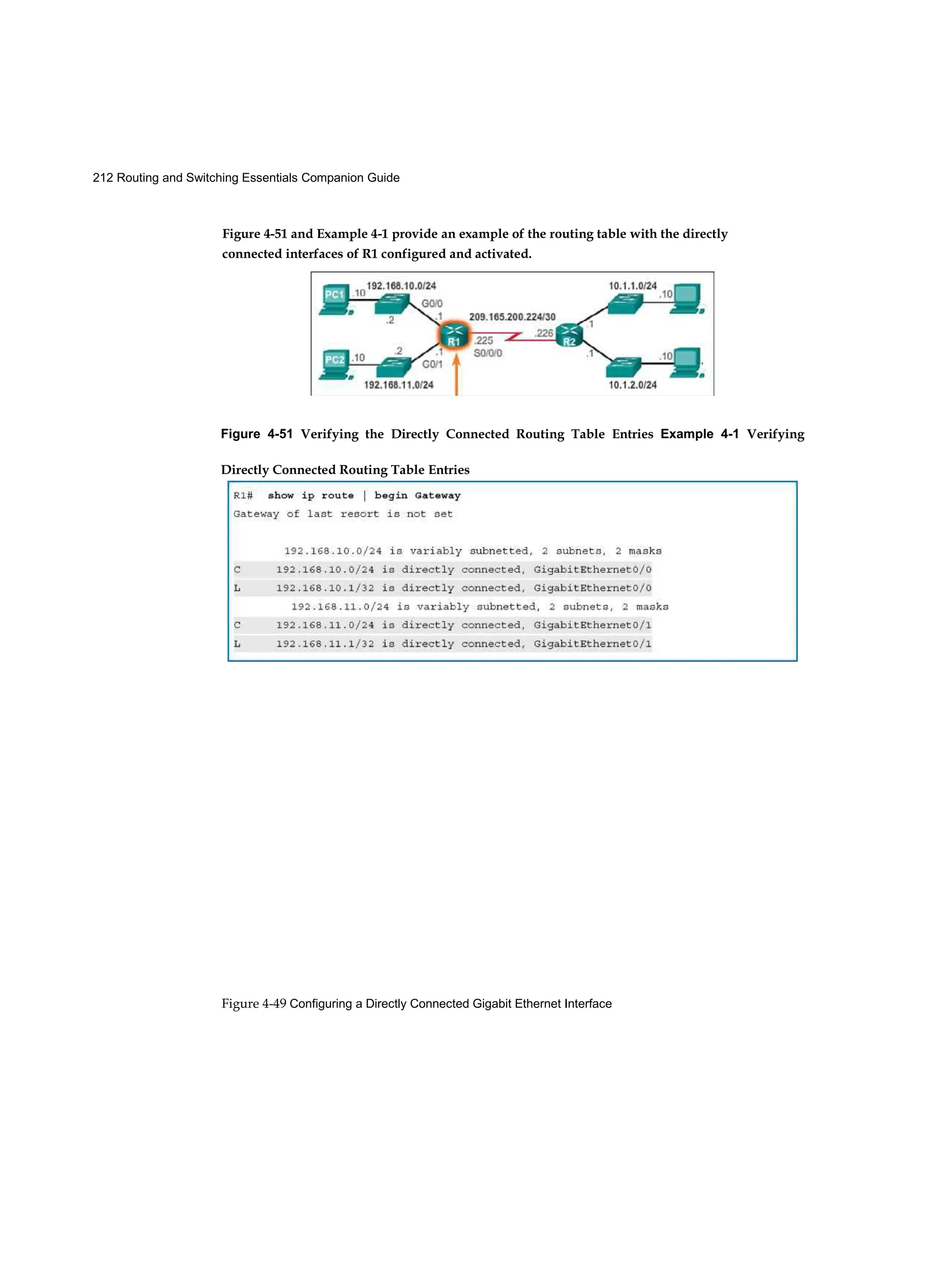 212 Routing and Switching Essentials Companion Guide
Figure 4-49 Configuring a Directly Connected Gigabit Ethernet Interface
Figure 4-51 and Example 4-1 provide an example of the routing table with the directly
connected interfaces of R1 configured and activated.
Figure 4-51 Verifying the Directly Connected Routing Table Entries Example 4-1 Verifying
Directly Connected Routing Table Entries
 