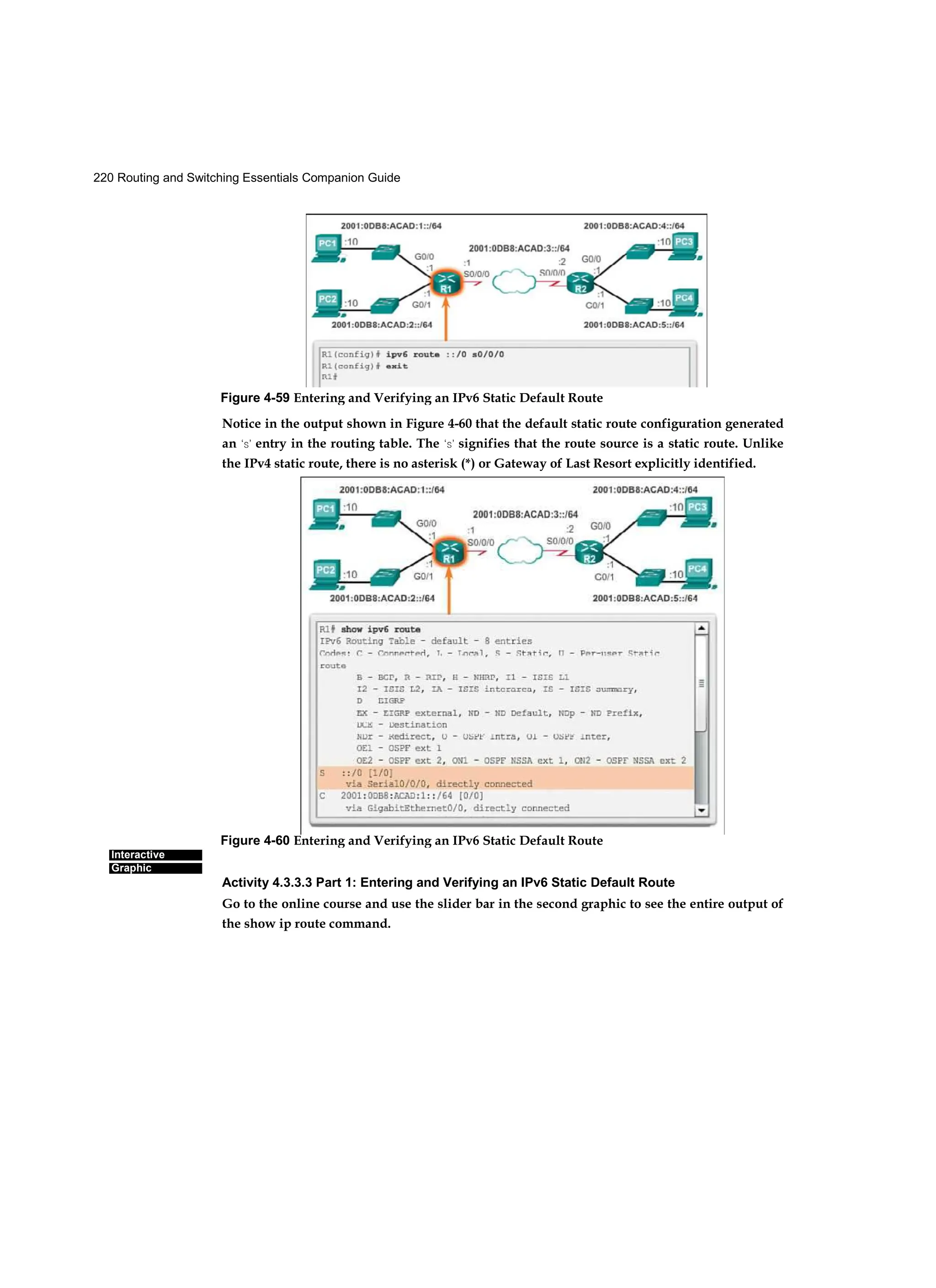 220 Routing and Switching Essentials Companion Guide
Interactive
Graphic
Notice in the output shown in Figure 4-60 that the default static route configuration generated
an ‘S’ entry in the routing table. The ‘S’ signifies that the route source is a static route. Unlike
the IPv4 static route, there is no asterisk (*) or Gateway of Last Resort explicitly identified.
Activity 4.3.3.3 Part 1: Entering and Verifying an IPv6 Static Default Route
Go to the online course and use the slider bar in the second graphic to see the entire output of
the show ip route command.
Figure 4-59 Entering and Verifying an IPv6 Static Default Route
Figure 4-60 Entering and Verifying an IPv6 Static Default Route
 