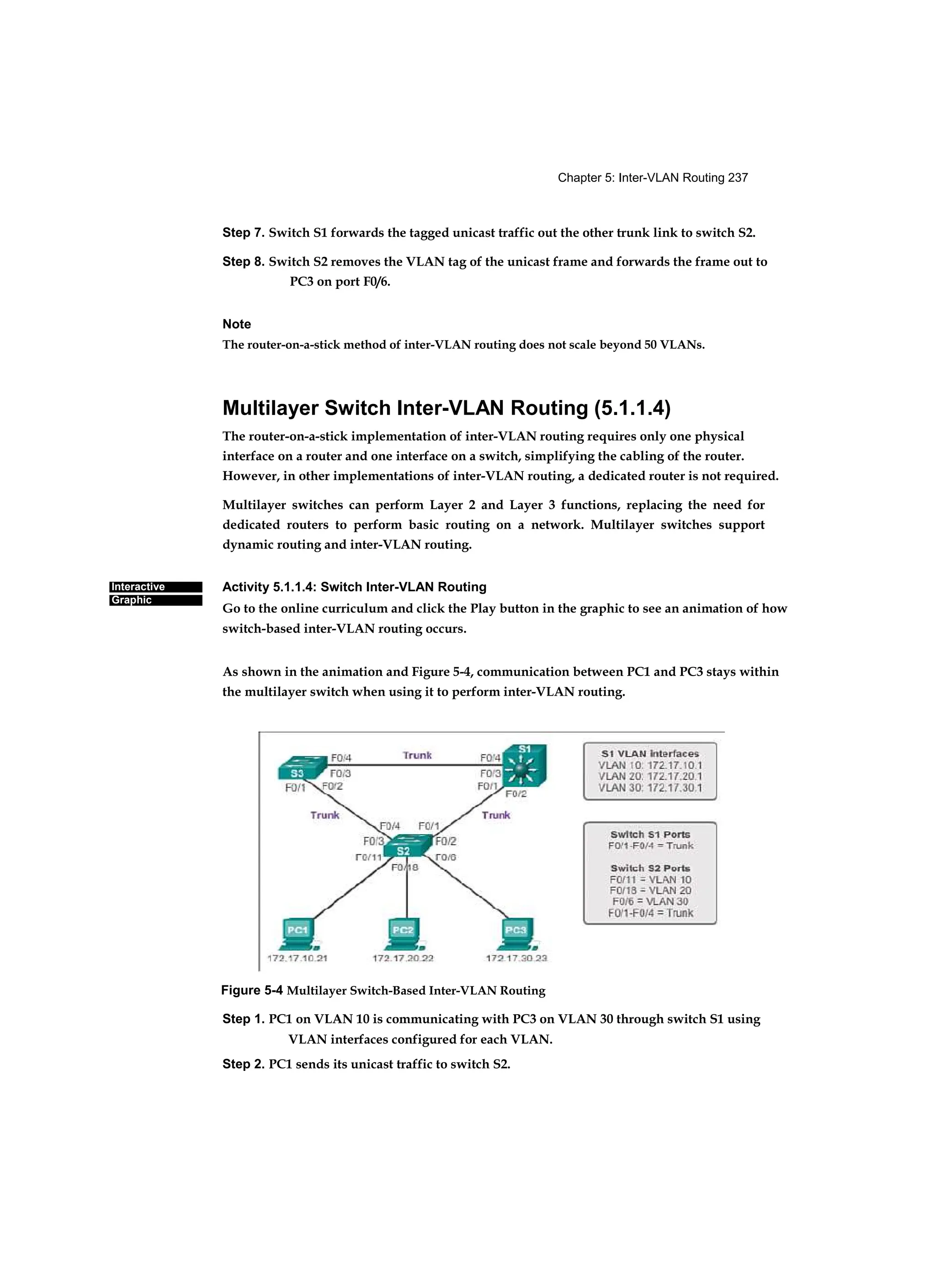 Chapter 5: Inter-VLAN Routing 237
Interactive
Graphic
Step 7. Switch S1 forwards the tagged unicast traffic out the other trunk link to switch S2.
Step 8. Switch S2 removes the VLAN tag of the unicast frame and forwards the frame out to
PC3 on port F0/6.
Note
The router-on-a-stick method of inter-VLAN routing does not scale beyond 50 VLANs.
Multilayer Switch Inter-VLAN Routing (5.1.1.4)
The router-on-a-stick implementation of inter-VLAN routing requires only one physical
interface on a router and one interface on a switch, simplifying the cabling of the router.
However, in other implementations of inter-VLAN routing, a dedicated router is not required.
Multilayer switches can perform Layer 2 and Layer 3 functions, replacing the need for
dedicated routers to perform basic routing on a network. Multilayer switches support
dynamic routing and inter-VLAN routing.
Activity 5.1.1.4: Switch Inter-VLAN Routing
Go to the online curriculum and click the Play button in the graphic to see an animation of how
switch-based inter-VLAN routing occurs.
As shown in the animation and Figure 5-4, communication between PC1 and PC3 stays within
the multilayer switch when using it to perform inter-VLAN routing.
Figure 5-4 Multilayer Switch-Based Inter-VLAN Routing
Step 1. PC1 on VLAN 10 is communicating with PC3 on VLAN 30 through switch S1 using
VLAN interfaces configured for each VLAN.
Step 2. PC1 sends its unicast traffic to switch S2.
 