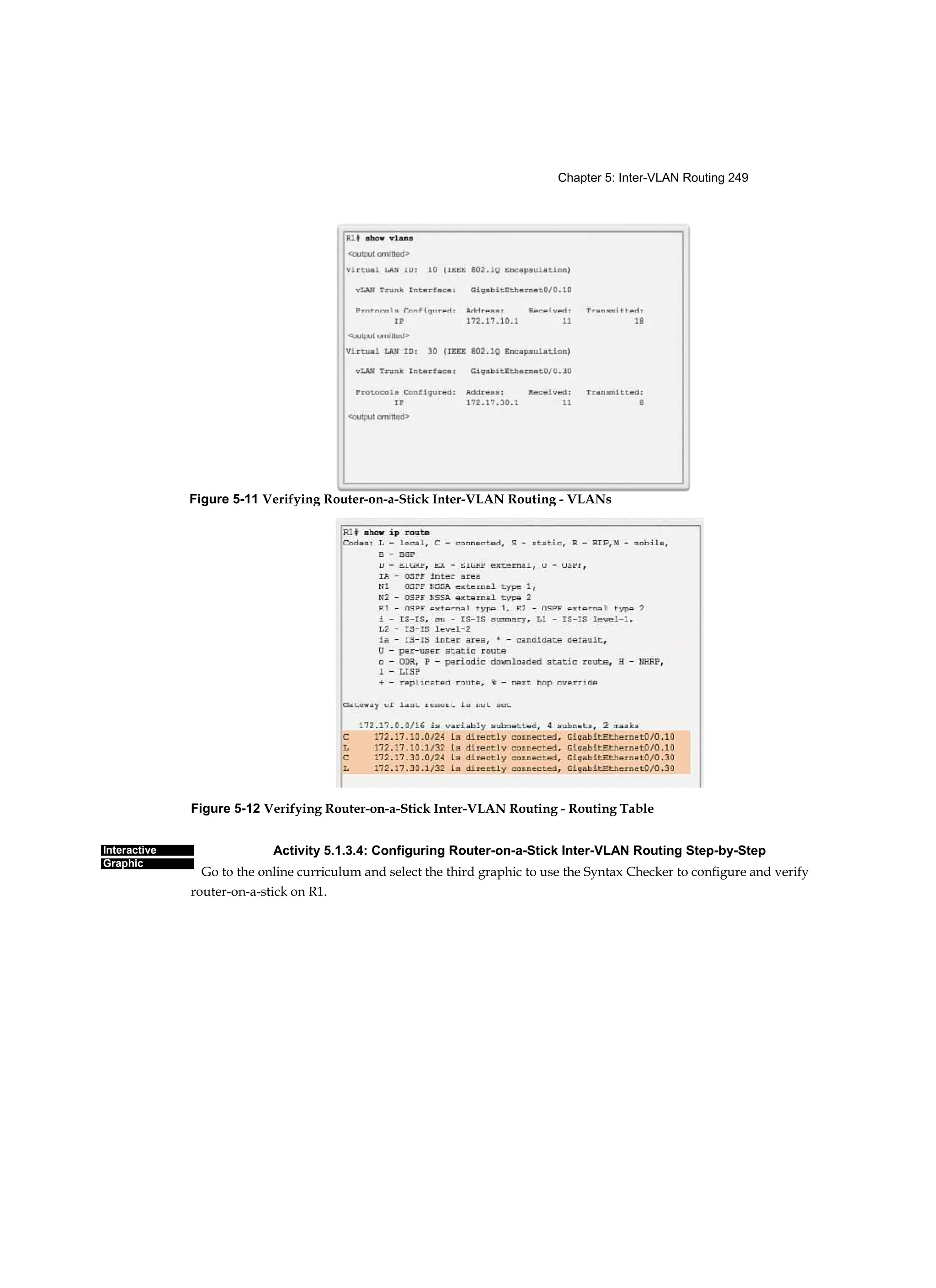 Chapter 5: Inter-VLAN Routing 249
Interactive
Graphic
Figure 5-12 Verifying Router-on-a-Stick Inter-VLAN Routing - Routing Table
Activity 5.1.3.4: Configuring Router-on-a-Stick Inter-VLAN Routing Step-by-Step
Go to the online curriculum and select the third graphic to use the Syntax Checker to configure and verify
router-on-a-stick on R1.
Figure 5-11 Verifying Router-on-a-Stick Inter-VLAN Routing - VLANs
 