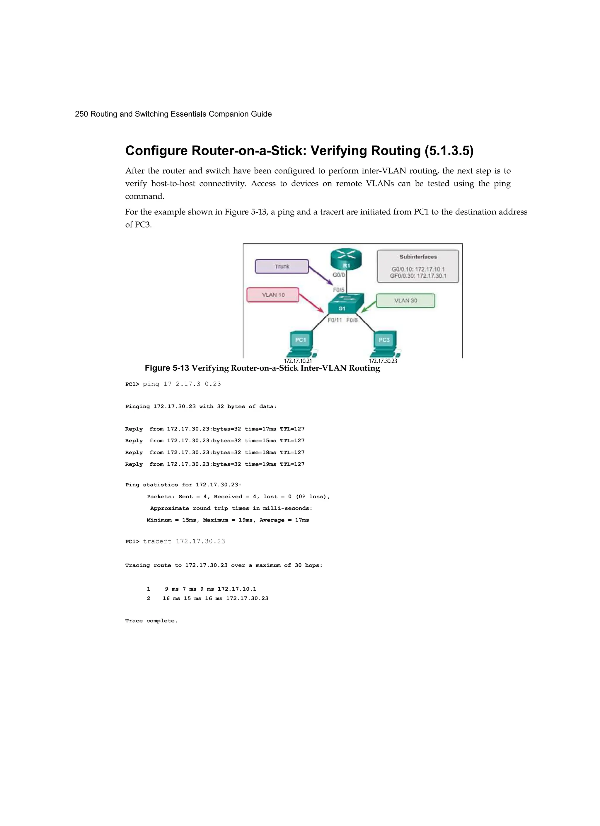 250 Routing and Switching Essentials Companion Guide
Configure Router-on-a-Stick: Verifying Routing (5.1.3.5)
After the router and switch have been configured to perform inter-VLAN routing, the next step is to
verify host-to-host connectivity. Access to devices on remote VLANs can be tested using the ping
command.
For the example shown in Figure 5-13, a ping and a tracert are initiated from PC1 to the destination address
of PC3.
PC1> ping 17 2.17.3 0.23
Pinging 172.17.30.23 with 32 bytes of data:
Reply from 172.17.30.23:bytes=32 time=17ms TTL=127
Reply from 172.17.30.23:bytes=32 time=15ms TTL=127
Reply from 172.17.30.23:bytes=32 time=18ms TTL=127
Reply from 172.17.30.23:bytes=32 time=19ms TTL=127
Ping statistics for 172.17.30.23:
Packets: Sent = 4, Received = 4, lost = 0 (0% loss),
Approximate round trip times in milli-seconds:
Minimum = 15ms, Maximum = 19ms, Average = 17ms
PC1> tracert 172.17.30.23
Tracing route to 172.17.30.23 over a maximum of 30 hops:
1 9 ms 7 ms 9 ms 172.17.10.1
2 16 ms 15 ms 16 ms 172.17.30.23
Trace complete.
172.17.10.21 172.17.30.23
Figure 5-13 Verifying Router-on-a-Stick Inter-VLAN Routing
 