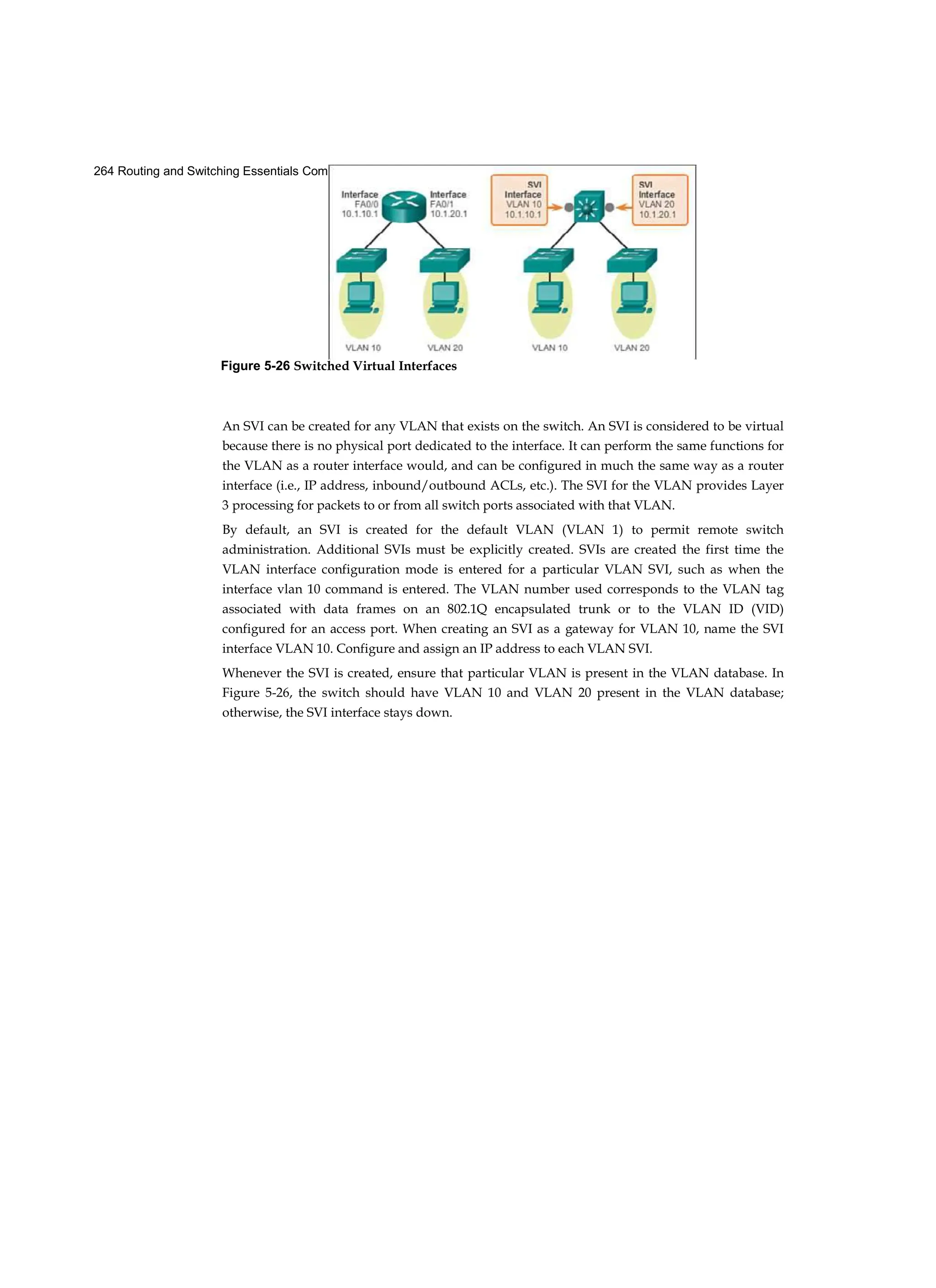 264 Routing and Switching Essentials Companion Guide
An SVI can be created for any VLAN that exists on the switch. An SVI is considered to be virtual
because there is no physical port dedicated to the interface. It can perform the same functions for
the VLAN as a router interface would, and can be configured in much the same way as a router
interface (i.e., IP address, inbound/outbound ACLs, etc.). The SVI for the VLAN provides Layer
3 processing for packets to or from all switch ports associated with that VLAN.
By default, an SVI is created for the default VLAN (VLAN 1) to permit remote switch
administration. Additional SVIs must be explicitly created. SVIs are created the first time the
VLAN interface configuration mode is entered for a particular VLAN SVI, such as when the
interface vlan 10 command is entered. The VLAN number used corresponds to the VLAN tag
associated with data frames on an 802.1Q encapsulated trunk or to the VLAN ID (VID)
configured for an access port. When creating an SVI as a gateway for VLAN 10, name the SVI
interface VLAN 10. Configure and assign an IP address to each VLAN SVI.
Whenever the SVI is created, ensure that particular VLAN is present in the VLAN database. In
Figure 5-26, the switch should have VLAN 10 and VLAN 20 present in the VLAN database;
otherwise, the SVI interface stays down.
Figure 5-26 Switched Virtual Interfaces
 