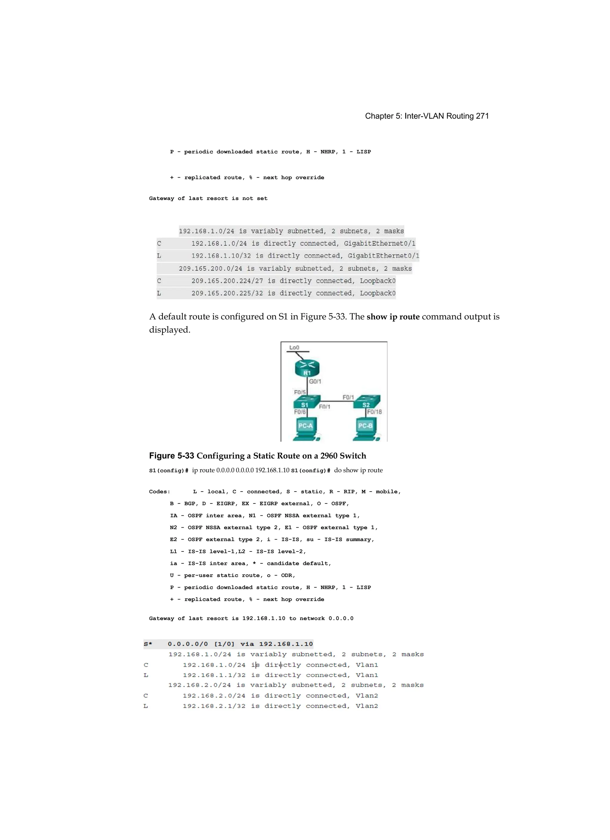 Chapter 5: Inter-VLAN Routing 271
P - periodic downloaded static route, H - NHRP, 1 - LISP
+ - replicated route, % - next hop override
Gateway of last resort is not set
A default route is configured on S1 in Figure 5-33. The show ip route command output is
displayed.
Figure 5-33 Configuring a Static Route on a 2960 Switch
S1(config)# ip route 0.0.0.0 0.0.0.0 192.168.1.10 S1(config)# do show ip route
Codes: L - local, C - connected, S - static, R - RIP, M - mobile,
B - BGP, D - EIGRP, EX - EIGRP external, O - OSPF,
IA - OSPF inter area, N1 - OSPF NSSA external type 1,
N2 - OSPF NSSA external type 2, E1 - OSPF external type 1,
E2 - OSPF external type 2, i - IS-IS, su - IS-IS summary,
L1 - IS-IS level-1,L2 - IS-IS level-2,
ia - IS-IS inter area, * - candidate default,
U - per-user static route, o - ODR,
P - periodic downloaded static route, H - NHRP, 1 - LISP
+ - replicated route, % - next hop override
Gateway of last resort is 192.168.1.10 to network 0.0.0.0
 