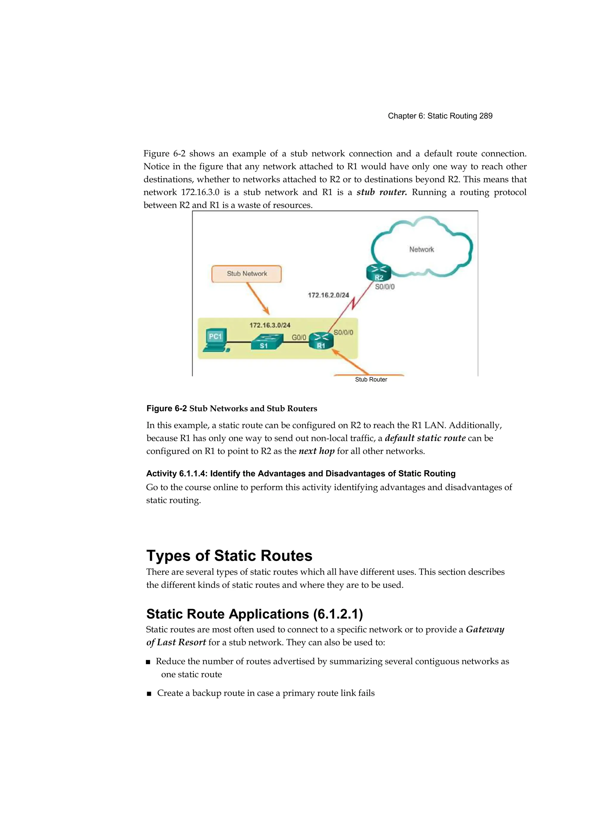 Chapter 6: Static Routing 289
Figure 6-2 Stub Networks and Stub Routers
In this example, a static route can be configured on R2 to reach the R1 LAN. Additionally,
because R1 has only one way to send out non-local traffic, a default static route can be
configured on R1 to point to R2 as the next hop for all other networks.
Activity 6.1.1.4: Identify the Advantages and Disadvantages of Static Routing
Go to the course online to perform this activity identifying advantages and disadvantages of
static routing.
Types of Static Routes
There are several types of static routes which all have different uses. This section describes
the different kinds of static routes and where they are to be used.
Static Route Applications (6.1.2.1)
Static routes are most often used to connect to a specific network or to provide a Gateway
of Last Resort for a stub network. They can also be used to:
■ Reduce the number of routes advertised by summarizing several contiguous networks as
one static route
■ Create a backup route in case a primary route link fails
Figure 6-2 shows an example of a stub network connection and a default route connection.
Notice in the figure that any network attached to R1 would have only one way to reach other
destinations, whether to networks attached to R2 or to destinations beyond R2. This means that
network 172.16.3.0 is a stub network and R1 is a stub router. Running a routing protocol
between R2 and R1 is a waste of resources.
Stub Router
 