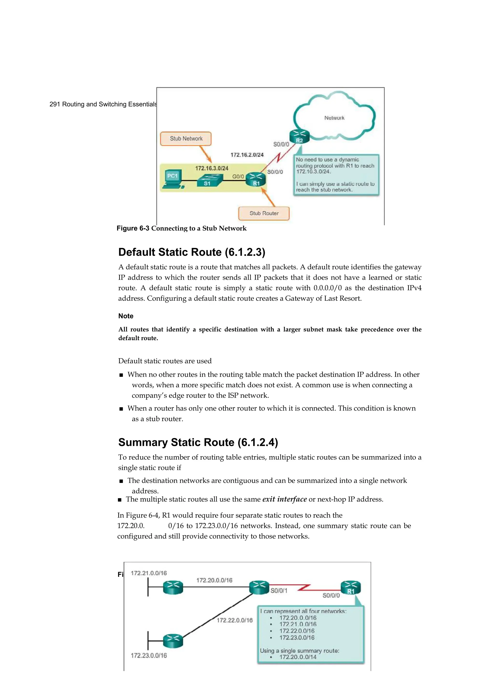 291 Routing and Switching Essentials Companion Guide
Figure 6-10 Verify Connectivity from R1 to the R3 LAN
Default Static Route (6.1.2.3)
A default static route is a route that matches all packets. A default route identifies the gateway
IP address to which the router sends all IP packets that it does not have a learned or static
route. A default static route is simply a static route with 0.0.0.0/0 as the destination IPv4
address. Configuring a default static route creates a Gateway of Last Resort.
Note
All routes that identify a specific destination with a larger subnet mask take precedence over the
default route.
Default static routes are used
■ When no other routes in the routing table match the packet destination IP address. In other
words, when a more specific match does not exist. A common use is when connecting a
company’s edge router to the ISP network.
■ When a router has only one other router to which it is connected. This condition is known
as a stub router.
Summary Static Route (6.1.2.4)
To reduce the number of routing table entries, multiple static routes can be summarized into a
single static route if
■ The destination networks are contiguous and can be summarized into a single network
address.
■ The multiple static routes all use the same exit interface or next-hop IP address.
In Figure 6-4, R1 would require four separate static routes to reach the
172.20.0. 0/16 to 172.23.0.0/16 networks. Instead, one summary static route can be
configured and still provide connectivity to those networks.
Figure 6-3 Connecting to a Stub Network
 