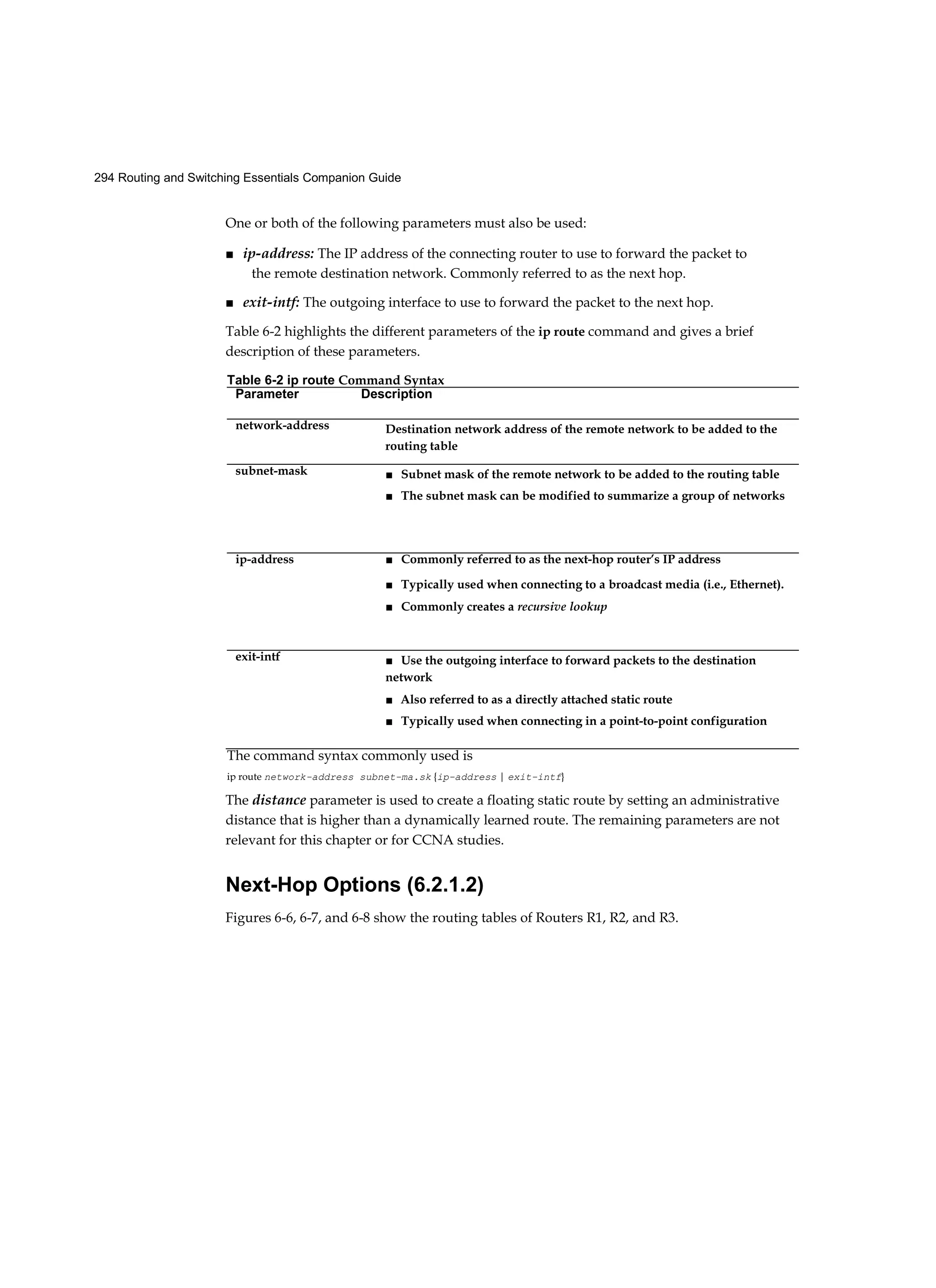 294 Routing and Switching Essentials Companion Guide
One or both of the following parameters must also be used:
■ ip-address: The IP address of the connecting router to use to forward the packet to
the remote destination network. Commonly referred to as the next hop.
■ exit-intf: The outgoing interface to use to forward the packet to the next hop.
Table 6-2 highlights the different parameters of the ip route command and gives a brief
description of these parameters.
The distance parameter is used to create a floating static route by setting an administrative
distance that is higher than a dynamically learned route. The remaining parameters are not
relevant for this chapter or for CCNA studies.
Next-Hop Options (6.2.1.2)
Figures 6-6, 6-7, and 6-8 show the routing tables of Routers R1, R2, and R3.
Table 6-2 ip route Command Syntax
Parameter Description
network-address Destination network address of the remote network to be added to the
routing table
subnet-mask ■ Subnet mask of the remote network to be added to the routing table
■ The subnet mask can be modified to summarize a group of networks
ip-address ■ Commonly referred to as the next-hop router’s IP address
■ Typically used when connecting to a broadcast media (i.e., Ethernet).
■ Commonly creates a recursive lookup
exit-intf ■ Use the outgoing interface to forward packets to the destination
network
■ Also referred to as a directly attached static route
■ Typically used when connecting in a point-to-point configuration
The command syntax commonly used is
ip route network-address subnet-ma.sk {ip-address | exit-intf}
 