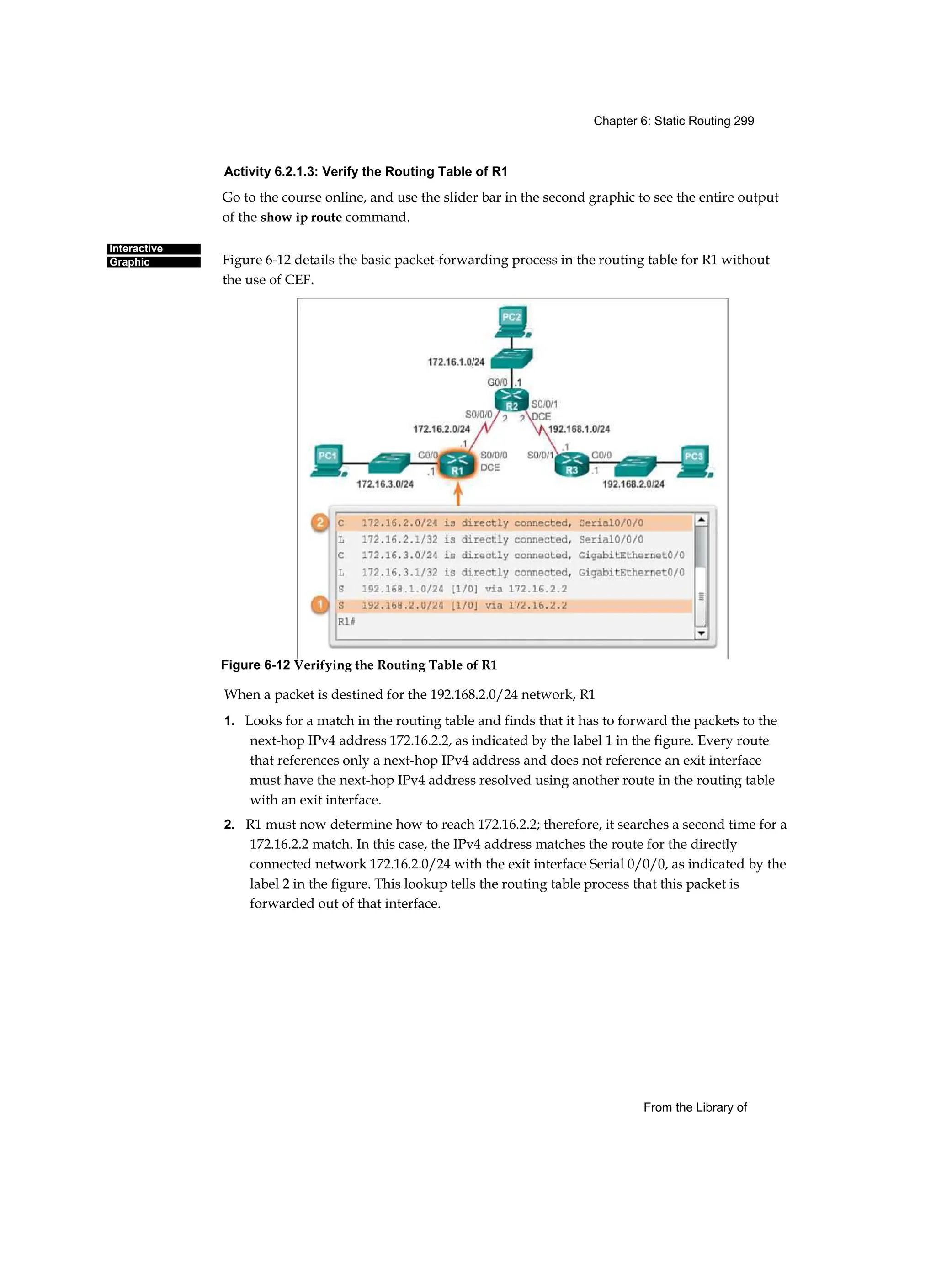 Chapter 6: Static Routing 299
From the Library of
Interactive
Graphic
Activity 6.2.1.3: Verify the Routing Table of R1
Go to the course online, and use the slider bar in the second graphic to see the entire output
of the show ip route command.
Figure 6-12 details the basic packet-forwarding process in the routing table for R1 without
the use of CEF.
When a packet is destined for the 192.168.2.0/24 network, R1
1. Looks for a match in the routing table and finds that it has to forward the packets to the
next-hop IPv4 address 172.16.2.2, as indicated by the label 1 in the figure. Every route
that references only a next-hop IPv4 address and does not reference an exit interface
must have the next-hop IPv4 address resolved using another route in the routing table
with an exit interface.
2. R1 must now determine how to reach 172.16.2.2; therefore, it searches a second time for a
172.16.2.2 match. In this case, the IPv4 address matches the route for the directly
connected network 172.16.2.0/24 with the exit interface Serial 0/0/0, as indicated by the
label 2 in the figure. This lookup tells the routing table process that this packet is
forwarded out of that interface.
Figure 6-12 Verifying the Routing Table of R1
 
