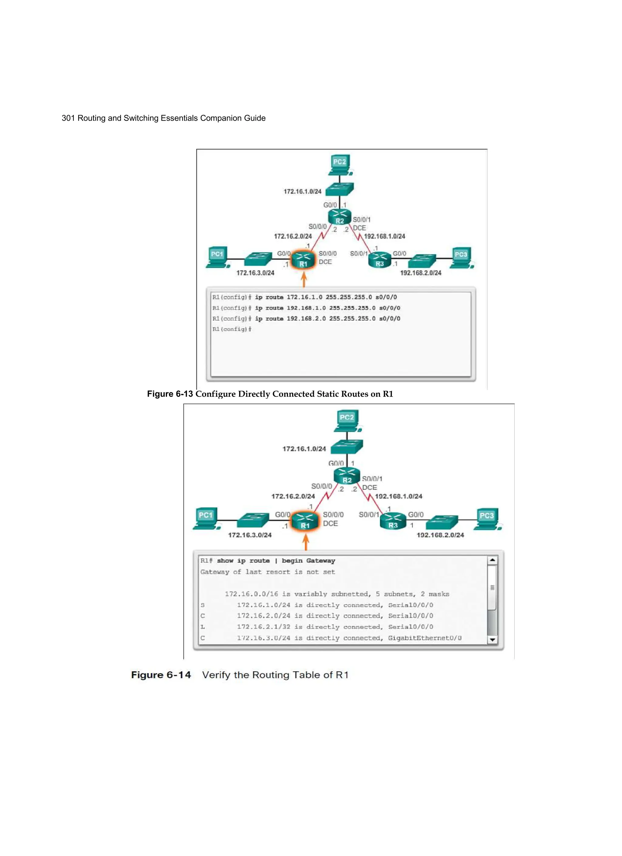 301 Routing and Switching Essentials Companion Guide
Figure 6-14 Verify the Routing Table of R1
Figure 6-13 Configure Directly Connected Static Routes on R1
 