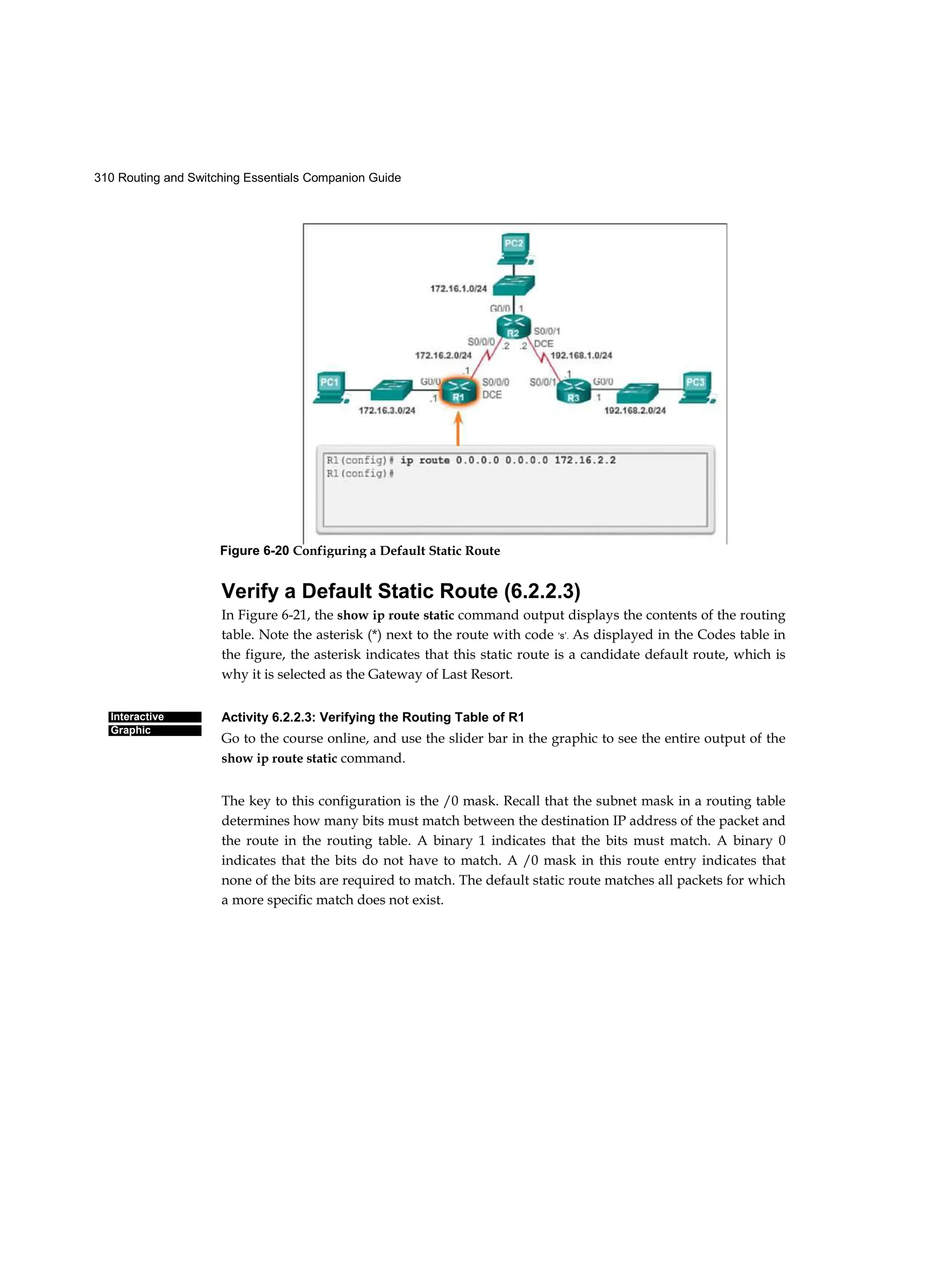 310 Routing and Switching Essentials Companion Guide
Interactive
Graphic
Verify a Default Static Route (6.2.2.3)
In Figure 6-21, the show ip route static command output displays the contents of the routing
table. Note the asterisk (*) next to the route with code ‘s’. As displayed in the Codes table in
the figure, the asterisk indicates that this static route is a candidate default route, which is
why it is selected as the Gateway of Last Resort.
Activity 6.2.2.3: Verifying the Routing Table of R1
Go to the course online, and use the slider bar in the graphic to see the entire output of the
show ip route static command.
The key to this configuration is the /0 mask. Recall that the subnet mask in a routing table
determines how many bits must match between the destination IP address of the packet and
the route in the routing table. A binary 1 indicates that the bits must match. A binary 0
indicates that the bits do not have to match. A /0 mask in this route entry indicates that
none of the bits are required to match. The default static route matches all packets for which
a more specific match does not exist.
Figure 6-20 Configuring a Default Static Route
 