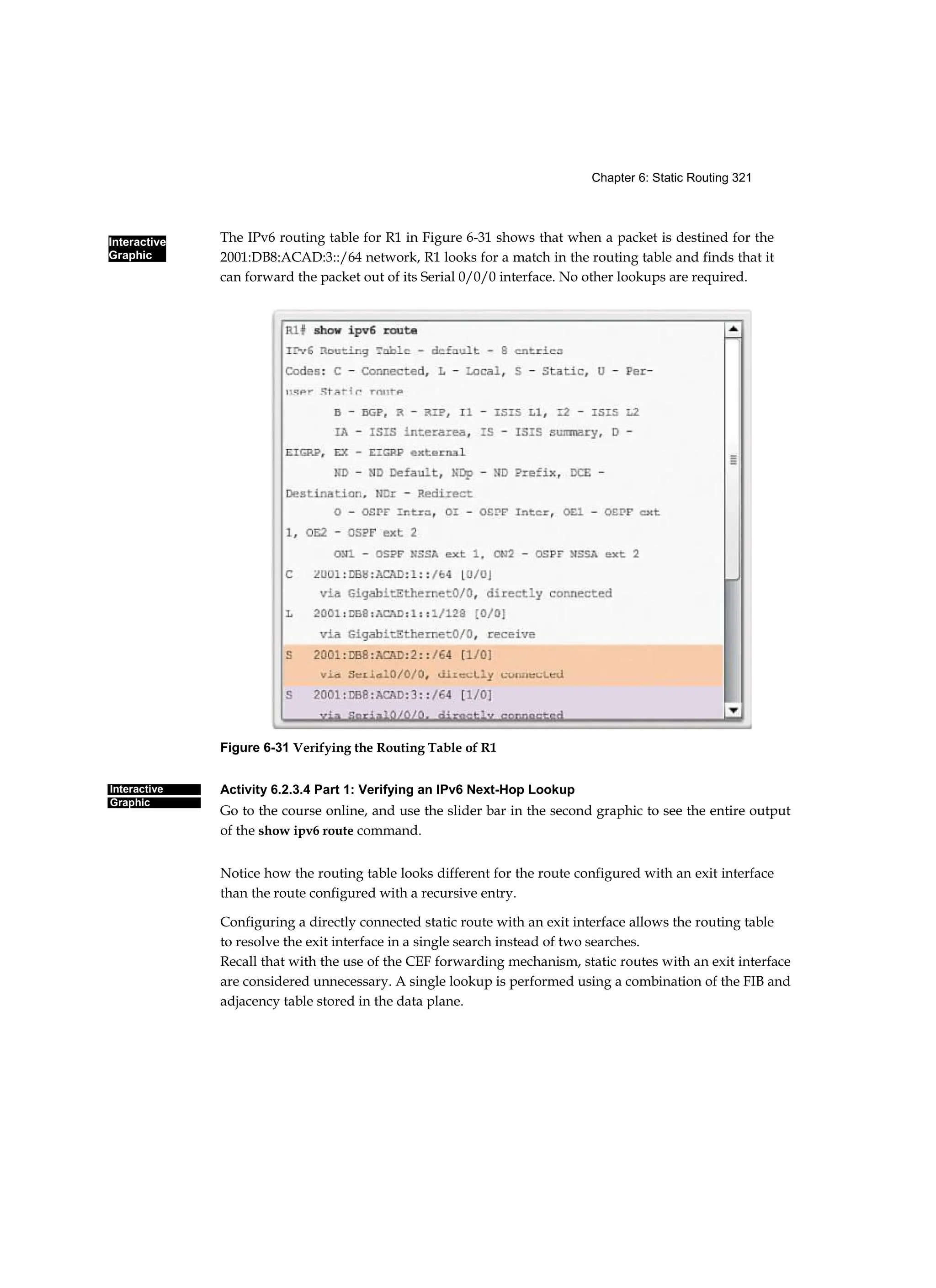 Interactive
Graphic
Chapter 6: Static Routing 321
Interactive
Graphic
The IPv6 routing table for R1 in Figure 6-31 shows that when a packet is destined for the
2001:DB8:ACAD:3::/64 network, R1 looks for a match in the routing table and finds that it
can forward the packet out of its Serial 0/0/0 interface. No other lookups are required.
Figure 6-31 Verifying the Routing Table of R1
Activity 6.2.3.4 Part 1: Verifying an IPv6 Next-Hop Lookup
Go to the course online, and use the slider bar in the second graphic to see the entire output
of the show ipv6 route command.
Notice how the routing table looks different for the route configured with an exit interface
than the route configured with a recursive entry.
Configuring a directly connected static route with an exit interface allows the routing table
to resolve the exit interface in a single search instead of two searches.
Recall that with the use of the CEF forwarding mechanism, static routes with an exit interface
are considered unnecessary. A single lookup is performed using a combination of the FIB and
adjacency table stored in the data plane.
 