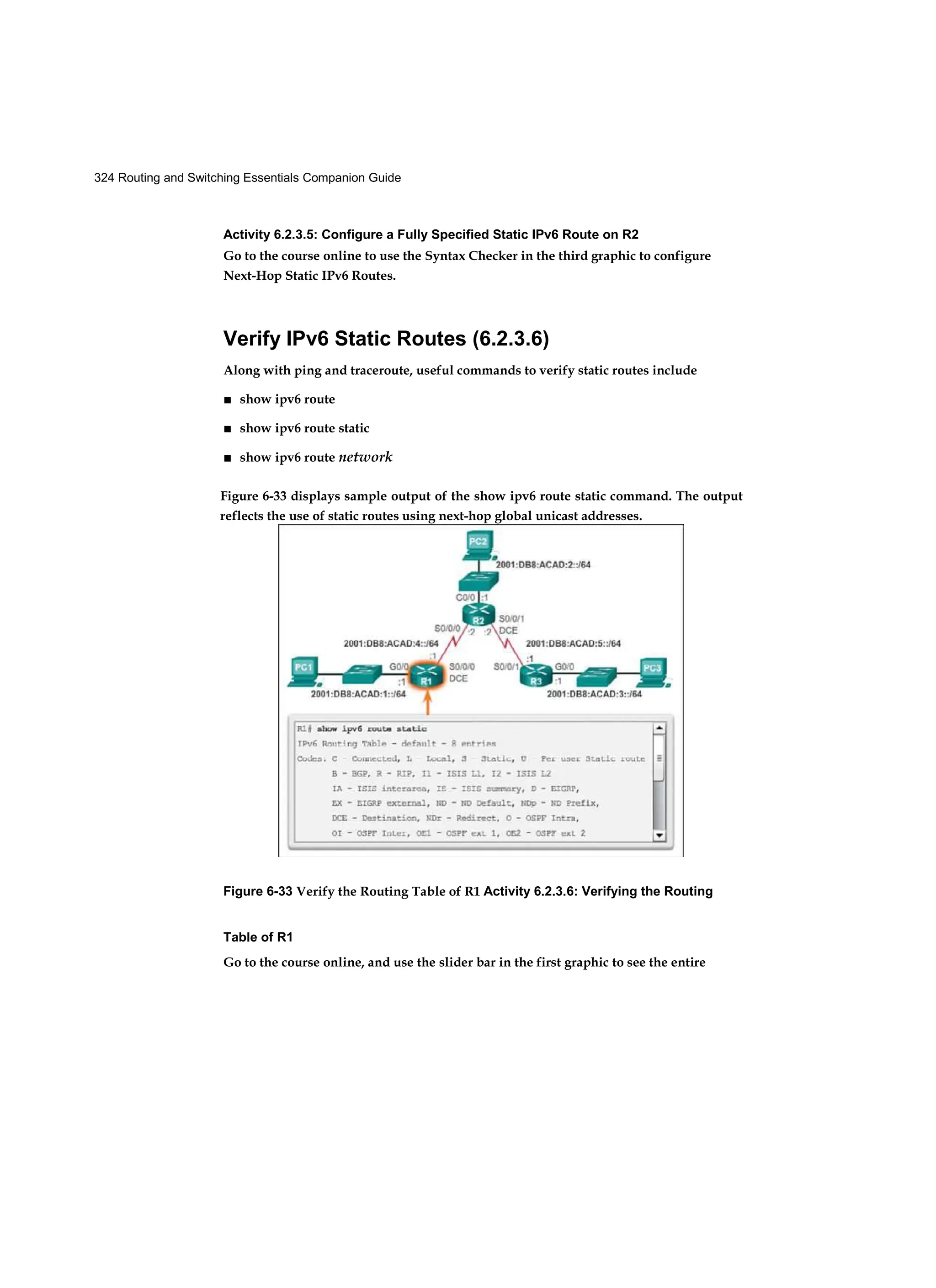 324 Routing and Switching Essentials Companion Guide
Activity 6.2.3.5: Configure a Fully Specified Static IPv6 Route on R2
Go to the course online to use the Syntax Checker in the third graphic to configure
Next-Hop Static IPv6 Routes.
Verify IPv6 Static Routes (6.2.3.6)
Along with ping and traceroute, useful commands to verify static routes include
■ show ipv6 route
■ show ipv6 route static
■ show ipv6 route network
Figure 6-33 Verify the Routing Table of R1 Activity 6.2.3.6: Verifying the Routing
Table of R1
Go to the course online, and use the slider bar in the first graphic to see the entire
Figure 6-33 displays sample output of the show ipv6 route static command. The output
reflects the use of static routes using next-hop global unicast addresses.
 