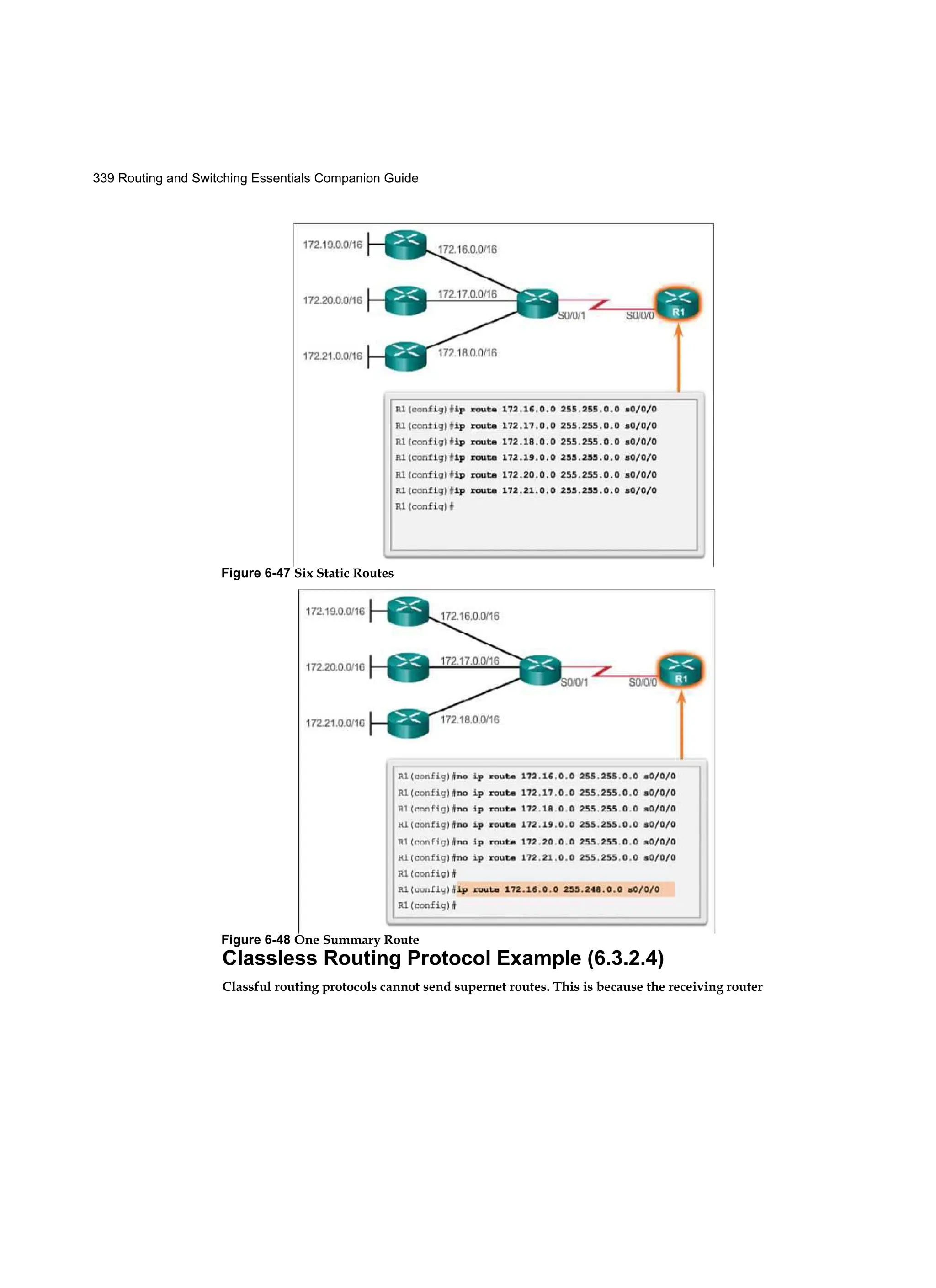339 Routing and Switching Essentials Companion Guide
Classless Routing Protocol Example (6.3.2.4)
Classful routing protocols cannot send supernet routes. This is because the receiving router
Figure 6-47 Six Static Routes
Figure 6-48 One Summary Route
 