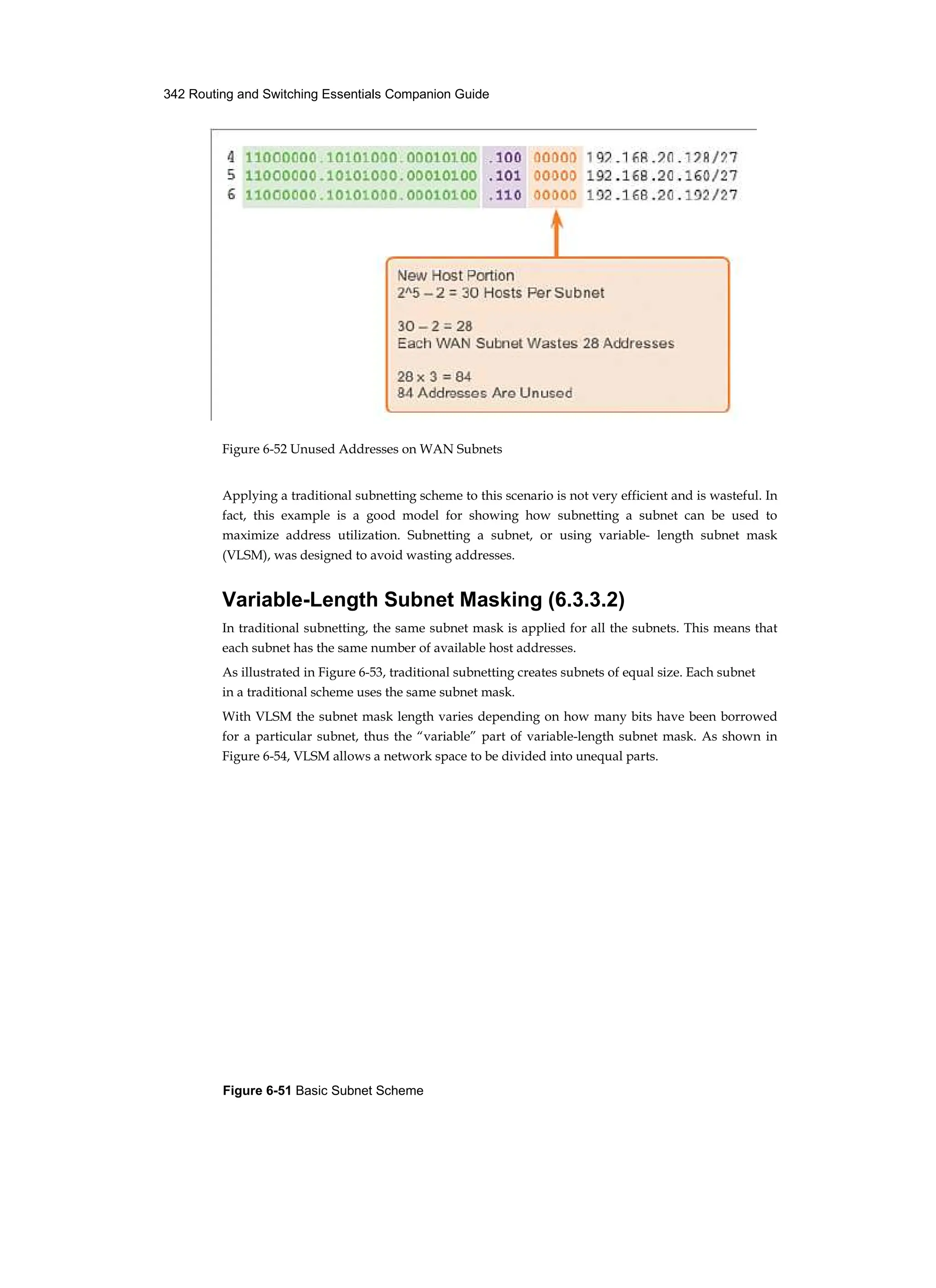 342 Routing and Switching Essentials Companion Guide
Figure 6-51 Basic Subnet Scheme
Figure 6-52 Unused Addresses on WAN Subnets
Applying a traditional subnetting scheme to this scenario is not very efficient and is wasteful. In
fact, this example is a good model for showing how subnetting a subnet can be used to
maximize address utilization. Subnetting a subnet, or using variable- length subnet mask
(VLSM), was designed to avoid wasting addresses.
Variable-Length Subnet Masking (6.3.3.2)
In traditional subnetting, the same subnet mask is applied for all the subnets. This means that
each subnet has the same number of available host addresses.
As illustrated in Figure 6-53, traditional subnetting creates subnets of equal size. Each subnet
in a traditional scheme uses the same subnet mask.
With VLSM the subnet mask length varies depending on how many bits have been borrowed
for a particular subnet, thus the “variable” part of variable-length subnet mask. As shown in
Figure 6-54, VLSM allows a network space to be divided into unequal parts.
 