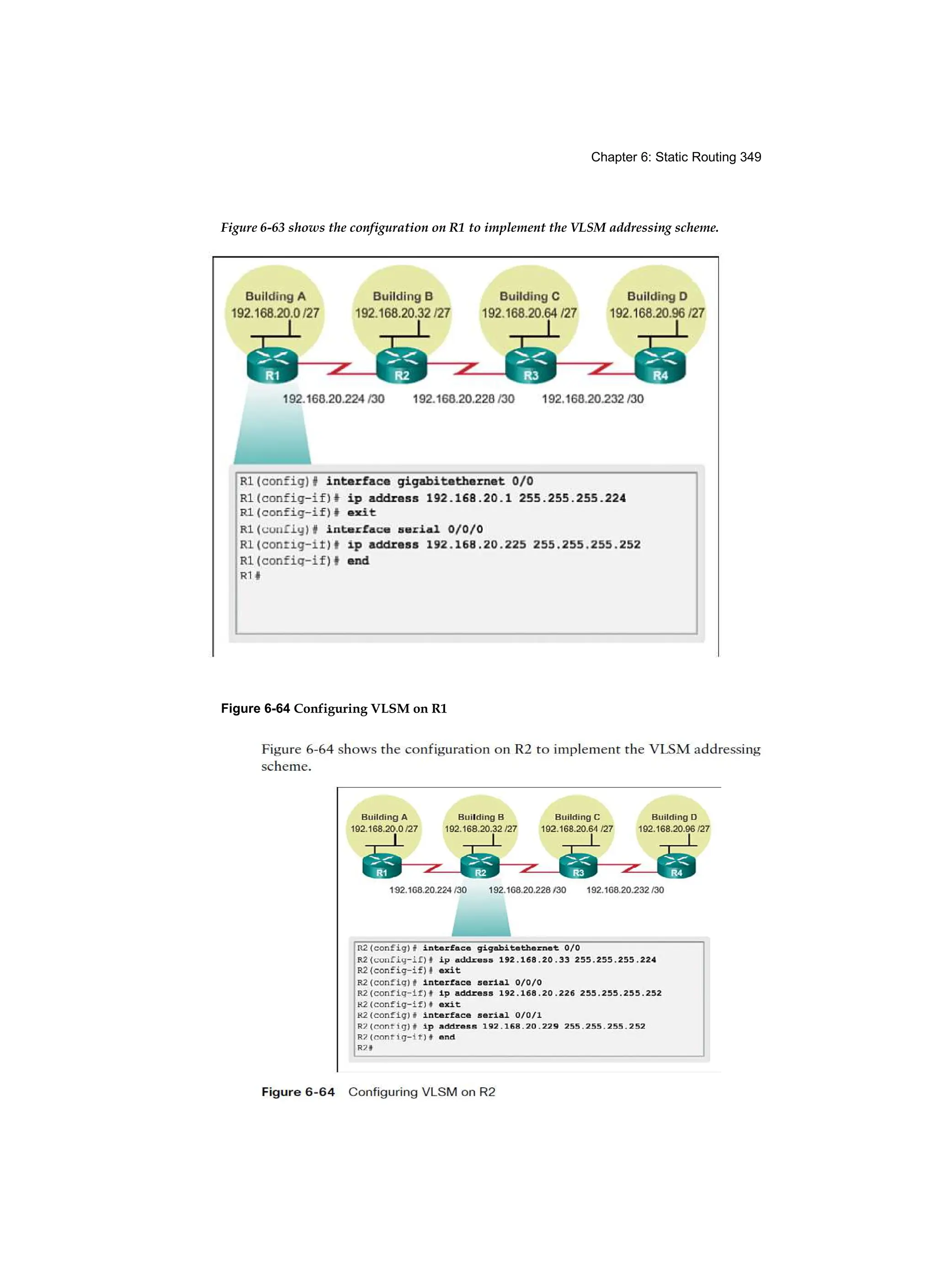 Chapter 6: Static Routing 349
Figure 6-63 shows the configuration on R1 to implement the VLSM addressing scheme.
Figure 6-64 Configuring VLSM on R1
 