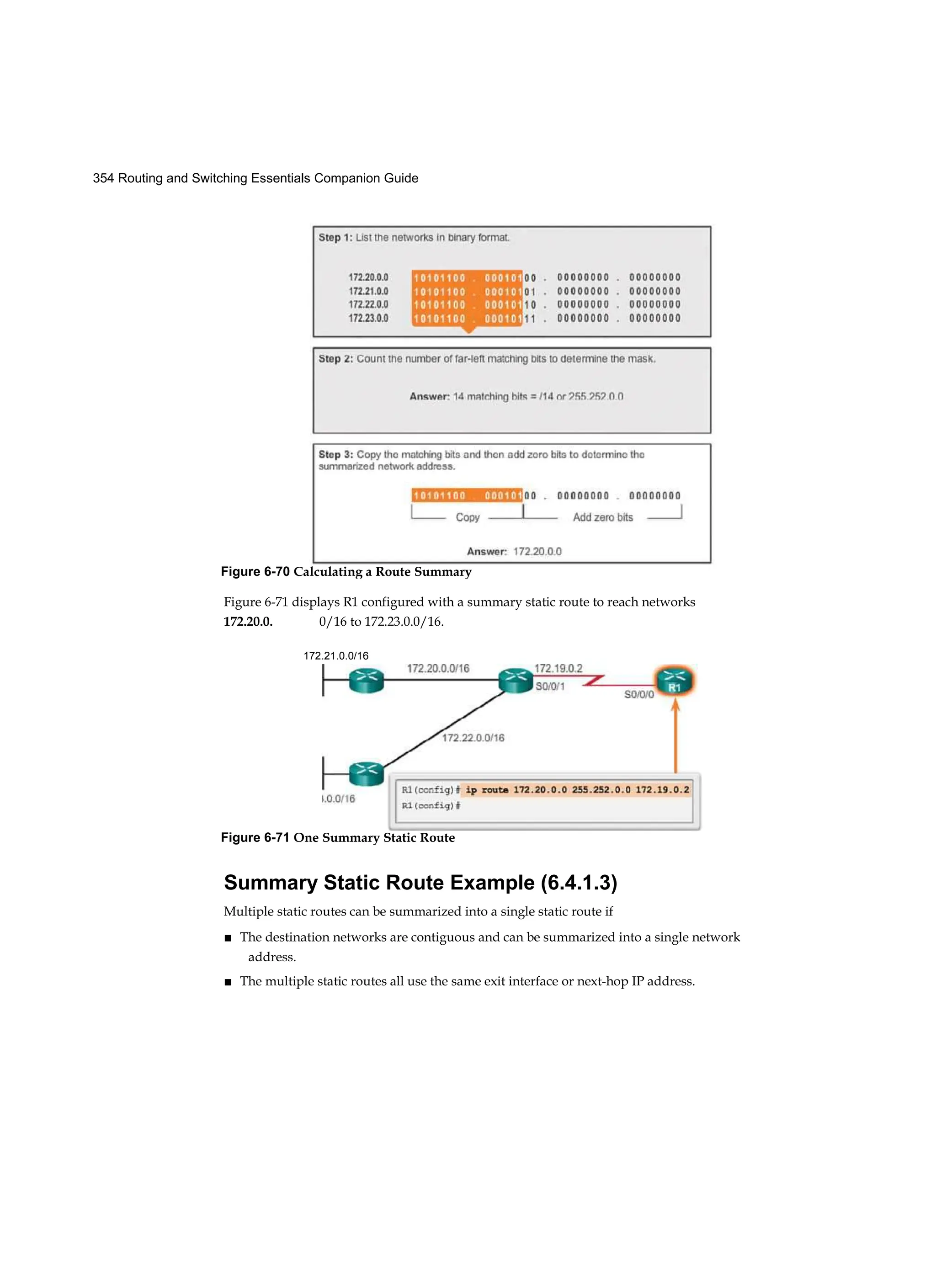354 Routing and Switching Essentials Companion Guide
Figure 6-71 displays R1 configured with a summary static route to reach networks
172.20.0. 0/16 to 172.23.0.0/16.
172.21.0.0/16
Summary Static Route Example (6.4.1.3)
Multiple static routes can be summarized into a single static route if
■ The destination networks are contiguous and can be summarized into a single network
address.
■ The multiple static routes all use the same exit interface or next-hop IP address.
Figure 6-70 Calculating a Route Summary
Figure 6-71 One Summary Static Route
 