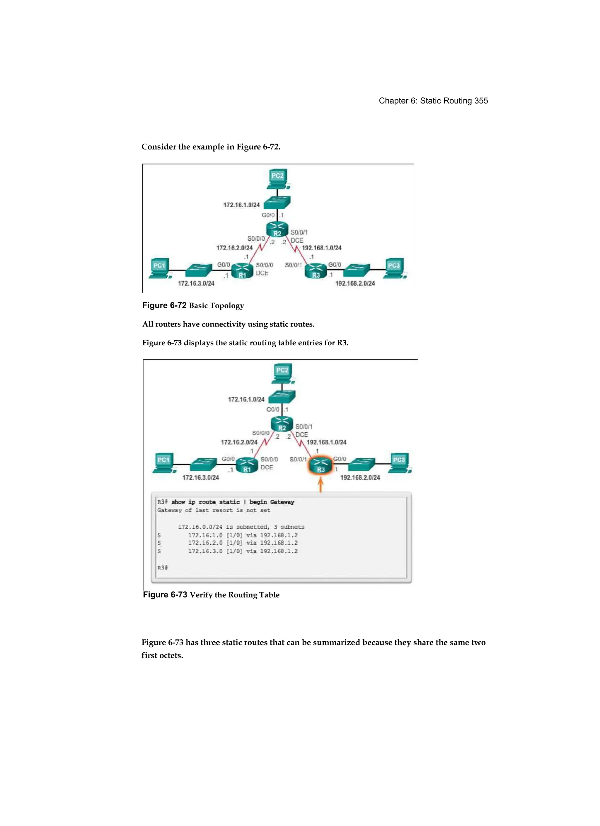 Chapter 6: Static Routing 355
Figure 6-72 Basic Topology
All routers have connectivity using static routes.
Figure 6-73 displays the static routing table entries for R3.
Figure 6-73 Verify the Routing Table
Consider the example in Figure 6-72.
Figure 6-73 has three static routes that can be summarized because they share the same two
first octets.
 