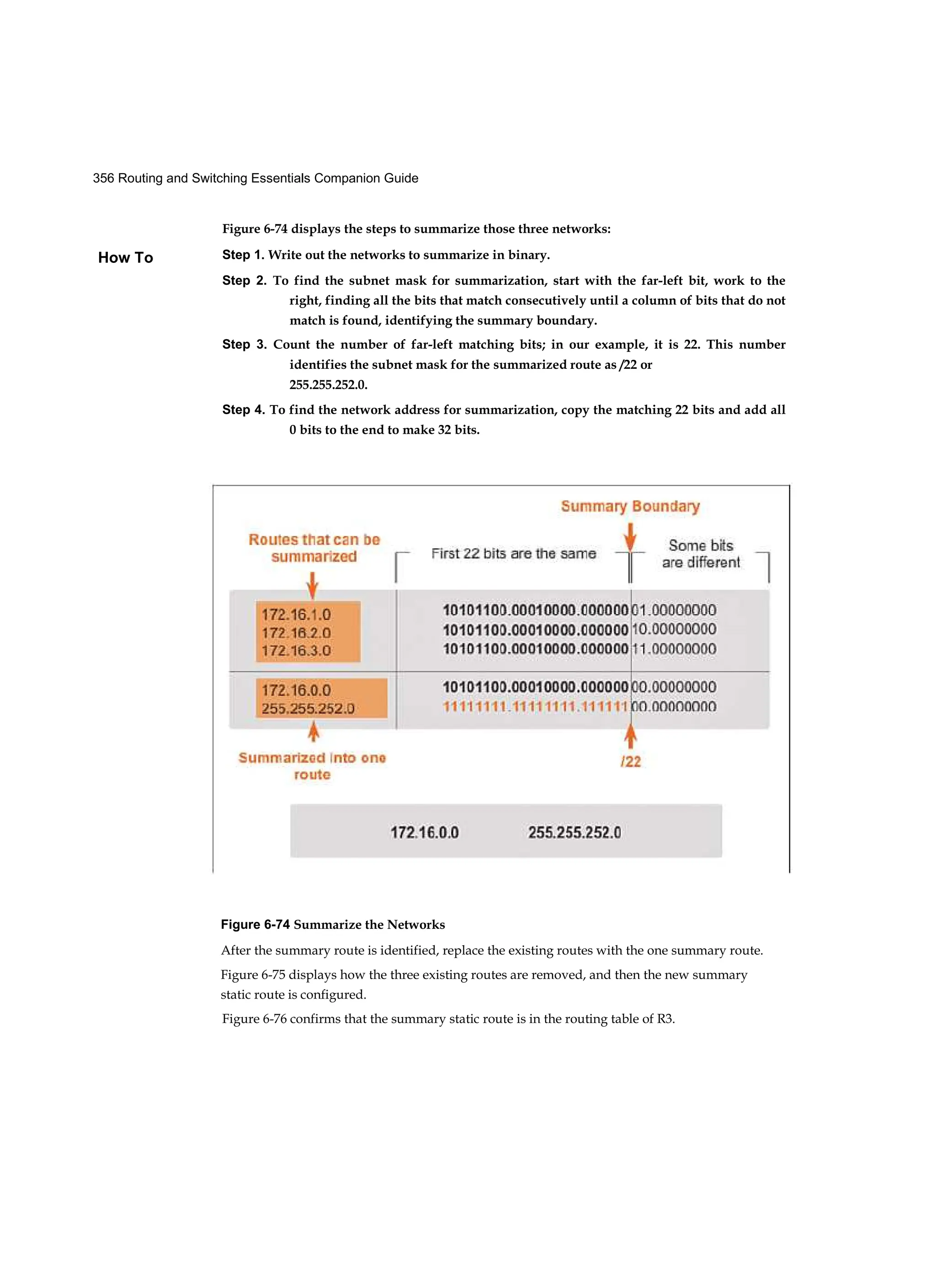 356 Routing and Switching Essentials Companion Guide
How To
Figure 6-74 displays the steps to summarize those three networks:
Step 1. Write out the networks to summarize in binary.
Step 2. To find the subnet mask for summarization, start with the far-left bit, work to the
right, finding all the bits that match consecutively until a column of bits that do not
match is found, identifying the summary boundary.
Step 3. Count the number of far-left matching bits; in our example, it is 22. This number
identifies the subnet mask for the summarized route as /22 or
255.255.252.0.
Step 4. To find the network address for summarization, copy the matching 22 bits and add all
0 bits to the end to make 32 bits.
Figure 6-74 Summarize the Networks
After the summary route is identified, replace the existing routes with the one summary route.
Figure 6-75 displays how the three existing routes are removed, and then the new summary
static route is configured.
Figure 6-76 confirms that the summary static route is in the routing table of R3.
 