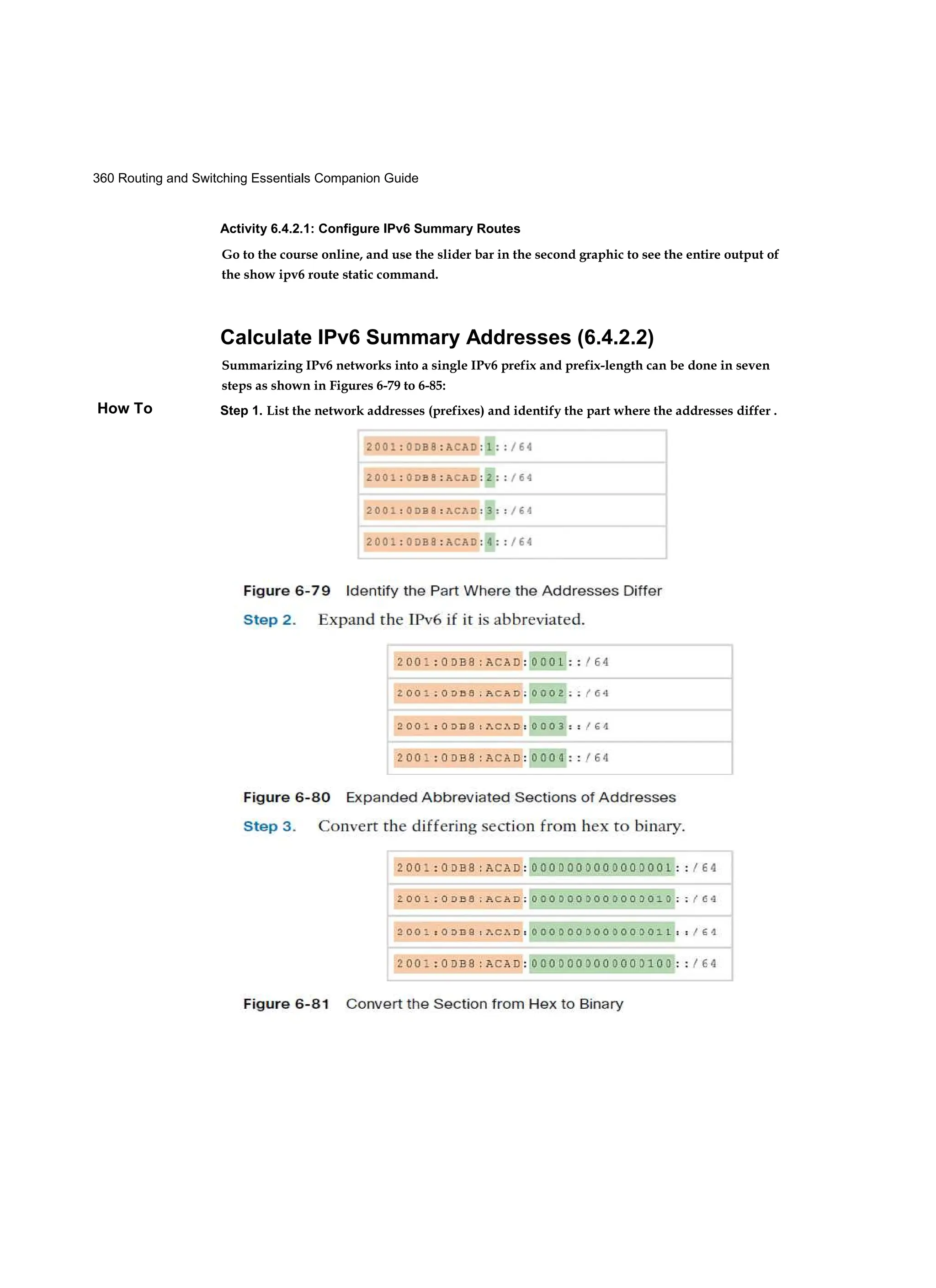 360 Routing and Switching Essentials Companion Guide
How To
Activity 6.4.2.1: Configure IPv6 Summary Routes
Go to the course online, and use the slider bar in the second graphic to see the entire output of
the show ipv6 route static command.
Calculate IPv6 Summary Addresses (6.4.2.2)
Summarizing IPv6 networks into a single IPv6 prefix and prefix-length can be done in seven
steps as shown in Figures 6-79 to 6-85:
Step 1. List the network addresses (prefixes) and identify the part where the addresses differ .
 