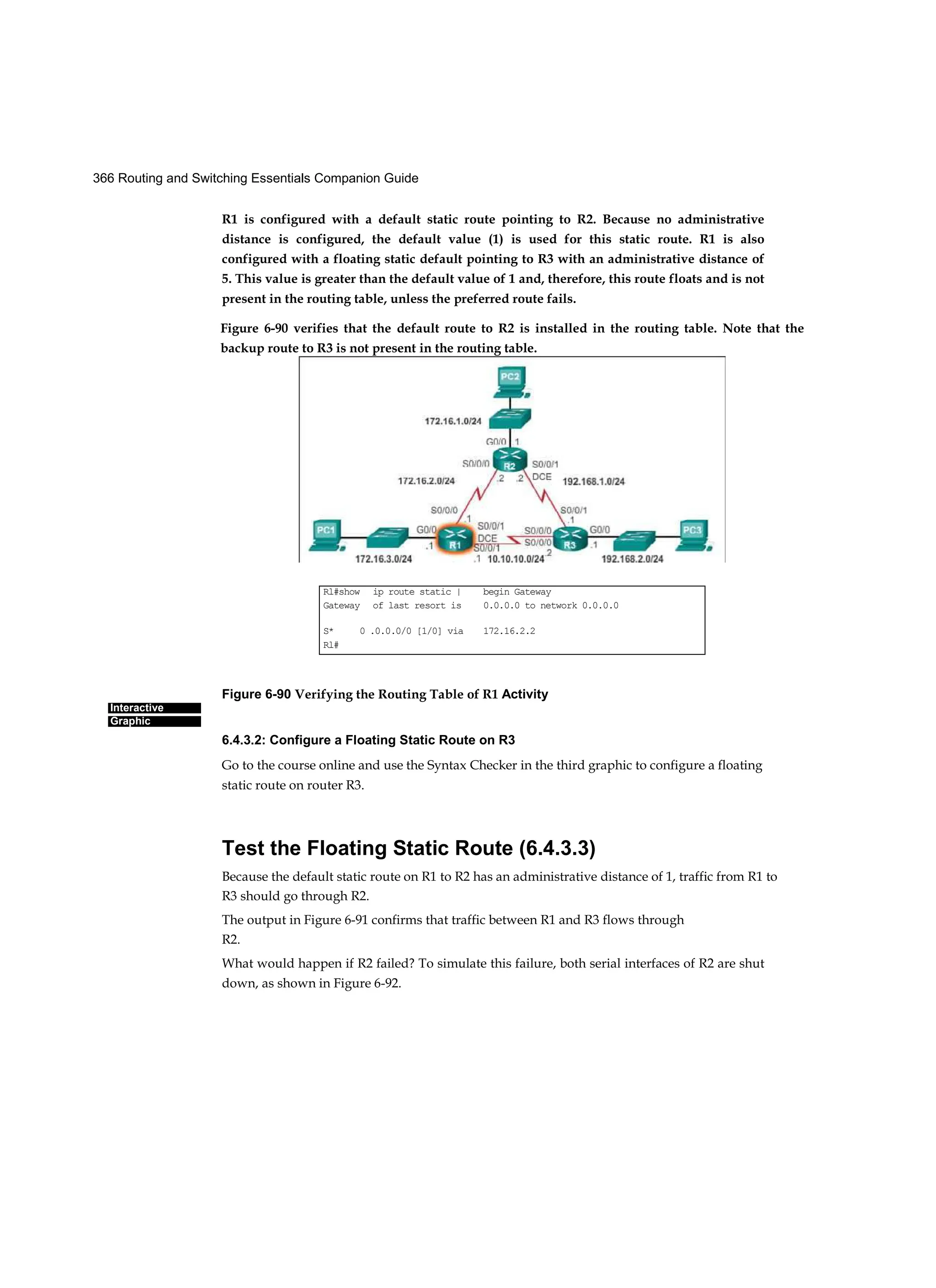 366 Routing and Switching Essentials Companion Guide
Interactive
Graphic
R1 is configured with a default static route pointing to R2. Because no administrative
distance is configured, the default value (1) is used for this static route. R1 is also
configured with a floating static default pointing to R3 with an administrative distance of
5. This value is greater than the default value of 1 and, therefore, this route floats and is not
present in the routing table, unless the preferred route fails.
Figure 6-90 Verifying the Routing Table of R1 Activity
6.4.3.2: Configure a Floating Static Route on R3
Go to the course online and use the Syntax Checker in the third graphic to configure a floating
static route on router R3.
Test the Floating Static Route (6.4.3.3)
Because the default static route on R1 to R2 has an administrative distance of 1, traffic from R1 to
R3 should go through R2.
The output in Figure 6-91 confirms that traffic between R1 and R3 flows through
R2.
What would happen if R2 failed? To simulate this failure, both serial interfaces of R2 are shut
down, as shown in Figure 6-92.
Figure 6-90 verifies that the default route to R2 is installed in the routing table. Note that the
backup route to R3 is not present in the routing table.
Rl#show ip route static | begin Gateway
Gateway of last resort is 0.0.0.0 to network 0.0.0.0
S* 0 .0.0.0/0 [1/0] via 172.16.2.2
Rl#
 