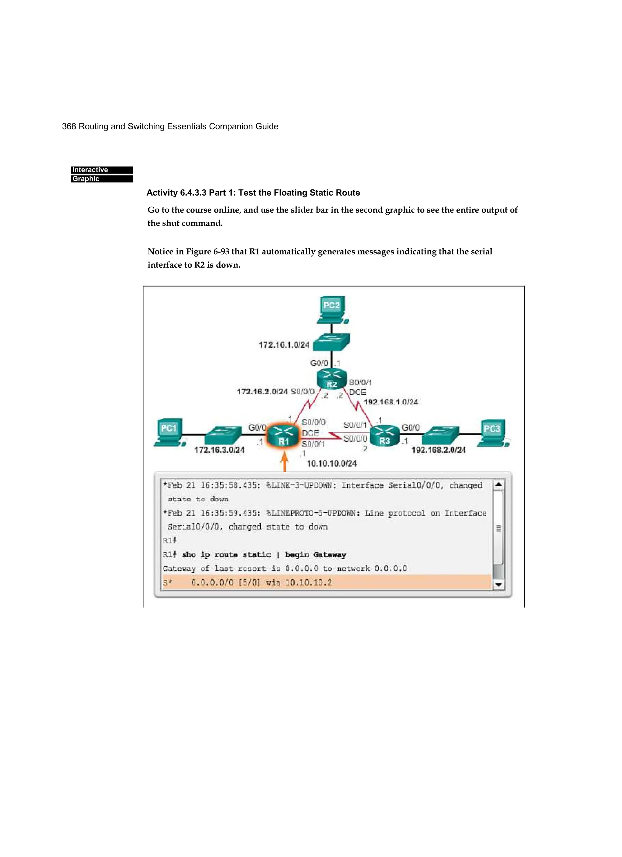 368 Routing and Switching Essentials Companion Guide
Interactive
Graphic
Activity 6.4.3.3 Part 1: Test the Floating Static Route
Go to the course online, and use the slider bar in the second graphic to see the entire output of
the shut command.
Notice in Figure 6-93 that R1 automatically generates messages indicating that the serial
interface to R2 is down.
 