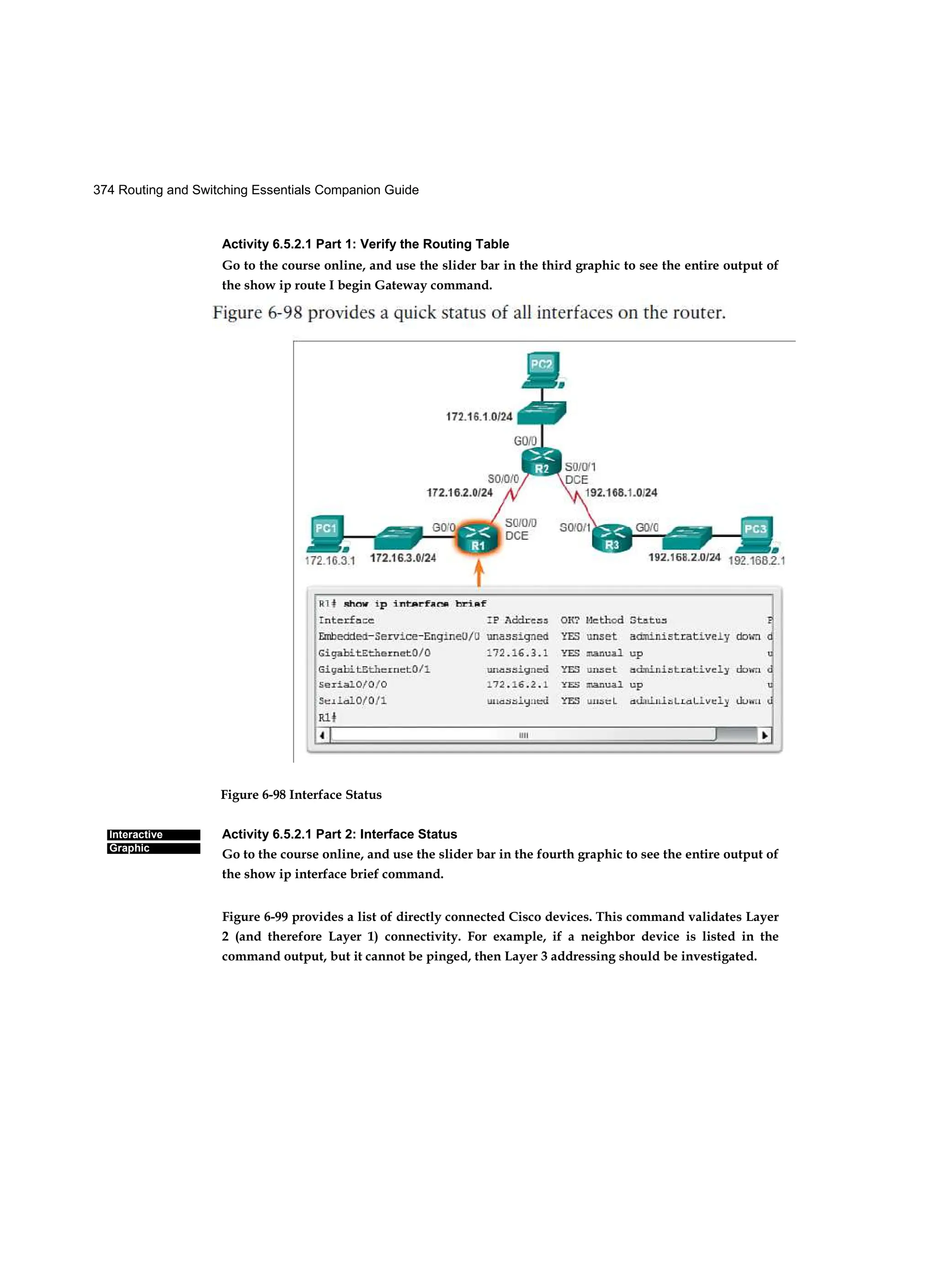 374 Routing and Switching Essentials Companion Guide
Interactive
Graphic
Activity 6.5.2.1 Part 1: Verify the Routing Table
Go to the course online, and use the slider bar in the third graphic to see the entire output of
the show ip route I begin Gateway command.
Figure 6-98 Interface Status
Activity 6.5.2.1 Part 2: Interface Status
Go to the course online, and use the slider bar in the fourth graphic to see the entire output of
the show ip interface brief command.
Figure 6-99 provides a list of directly connected Cisco devices. This command validates Layer
2 (and therefore Layer 1) connectivity. For example, if a neighbor device is listed in the
command output, but it cannot be pinged, then Layer 3 addressing should be investigated.
 