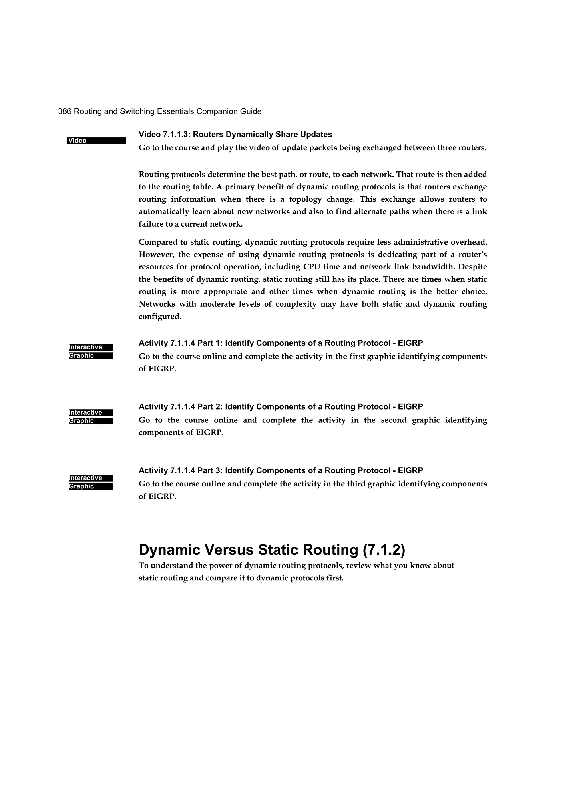386 Routing and Switching Essentials Companion Guide
Video
Interactive
Graphic
Interactive
Graphic
Interactive
Graphic
Video 7.1.1.3: Routers Dynamically Share Updates
Go to the course and play the video of update packets being exchanged between three routers.
Routing protocols determine the best path, or route, to each network. That route is then added
to the routing table. A primary benefit of dynamic routing protocols is that routers exchange
routing information when there is a topology change. This exchange allows routers to
automatically learn about new networks and also to find alternate paths when there is a link
failure to a current network.
Compared to static routing, dynamic routing protocols require less administrative overhead.
However, the expense of using dynamic routing protocols is dedicating part of a router’s
resources for protocol operation, including CPU time and network link bandwidth. Despite
the benefits of dynamic routing, static routing still has its place. There are times when static
routing is more appropriate and other times when dynamic routing is the better choice.
Networks with moderate levels of complexity may have both static and dynamic routing
configured.
Activity 7.1.1.4 Part 1: Identify Components of a Routing Protocol - EIGRP
Go to the course online and complete the activity in the first graphic identifying components
of EIGRP.
Activity 7.1.1.4 Part 2: Identify Components of a Routing Protocol - EIGRP
Go to the course online and complete the activity in the second graphic identifying
components of EIGRP.
Activity 7.1.1.4 Part 3: Identify Components of a Routing Protocol - EIGRP
Go to the course online and complete the activity in the third graphic identifying components
of EIGRP.
Dynamic Versus Static Routing (7.1.2)
To understand the power of dynamic routing protocols, review what you know about
static routing and compare it to dynamic protocols first.
 