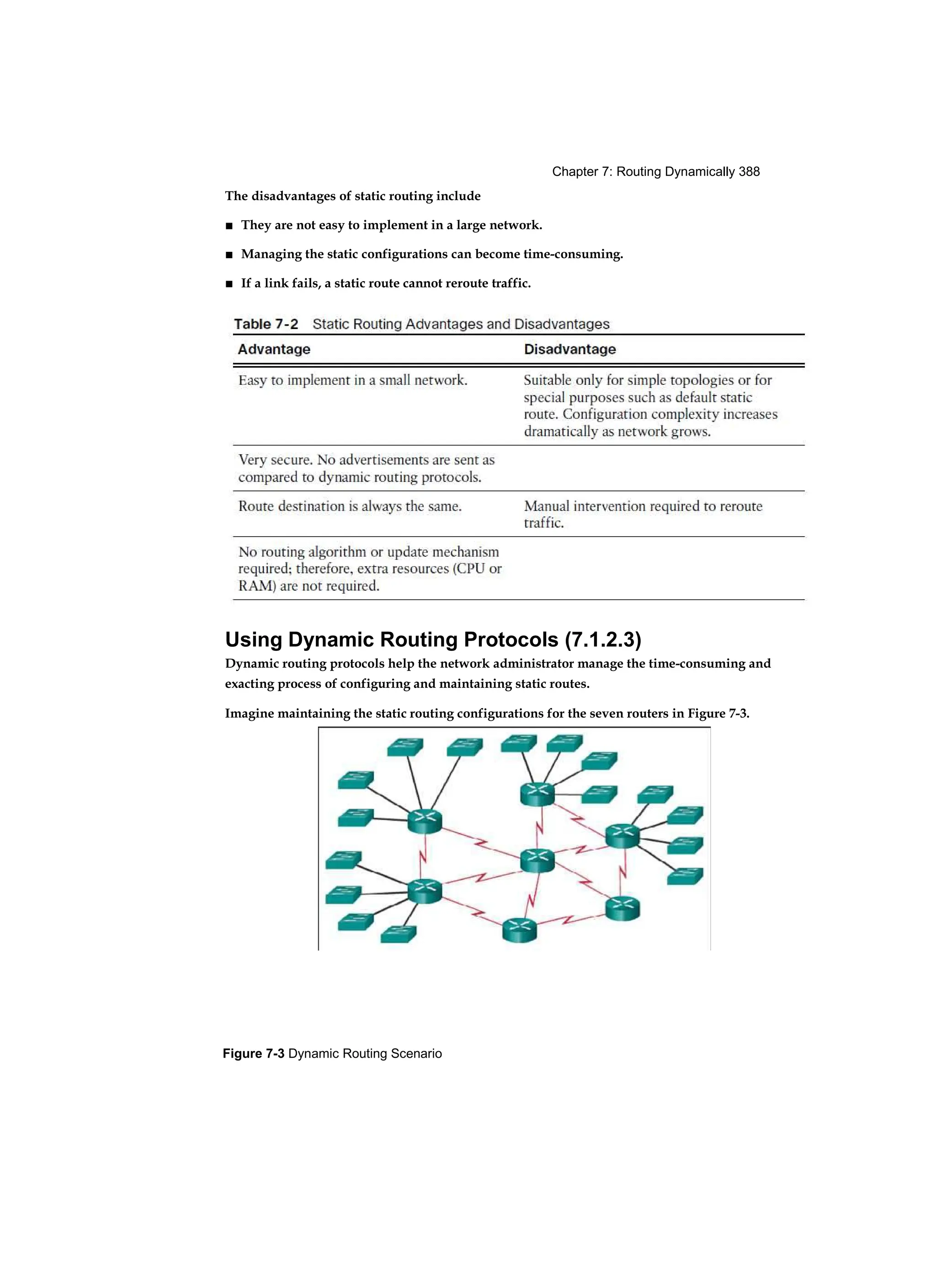 Chapter 7: Routing Dynamically 388
Figure 7-3 Dynamic Routing Scenario
The disadvantages of static routing include
■ They are not easy to implement in a large network.
■ Managing the static configurations can become time-consuming.
■ If a link fails, a static route cannot reroute traffic.
Using Dynamic Routing Protocols (7.1.2.3)
Dynamic routing protocols help the network administrator manage the time-consuming and
exacting process of configuring and maintaining static routes.
Imagine maintaining the static routing configurations for the seven routers in Figure 7-3.
 